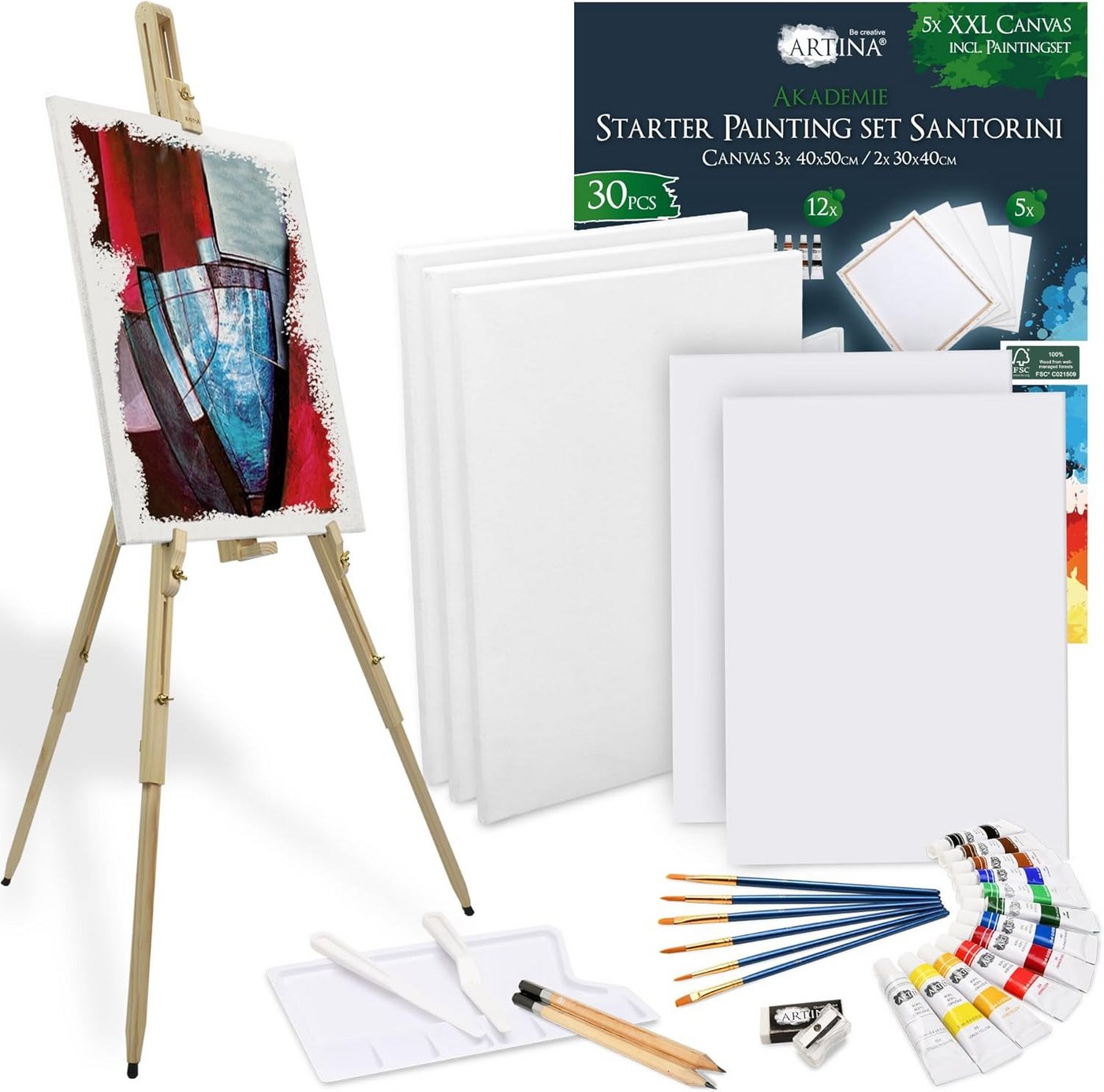 Artina Kreativset 30tlg Malset Santorini inkl Holzstaffelei für Leinwände bis 100 cm, Acryl Farben Set mit Keilrahmen, 12 Farben, Pinsel & Staffelei