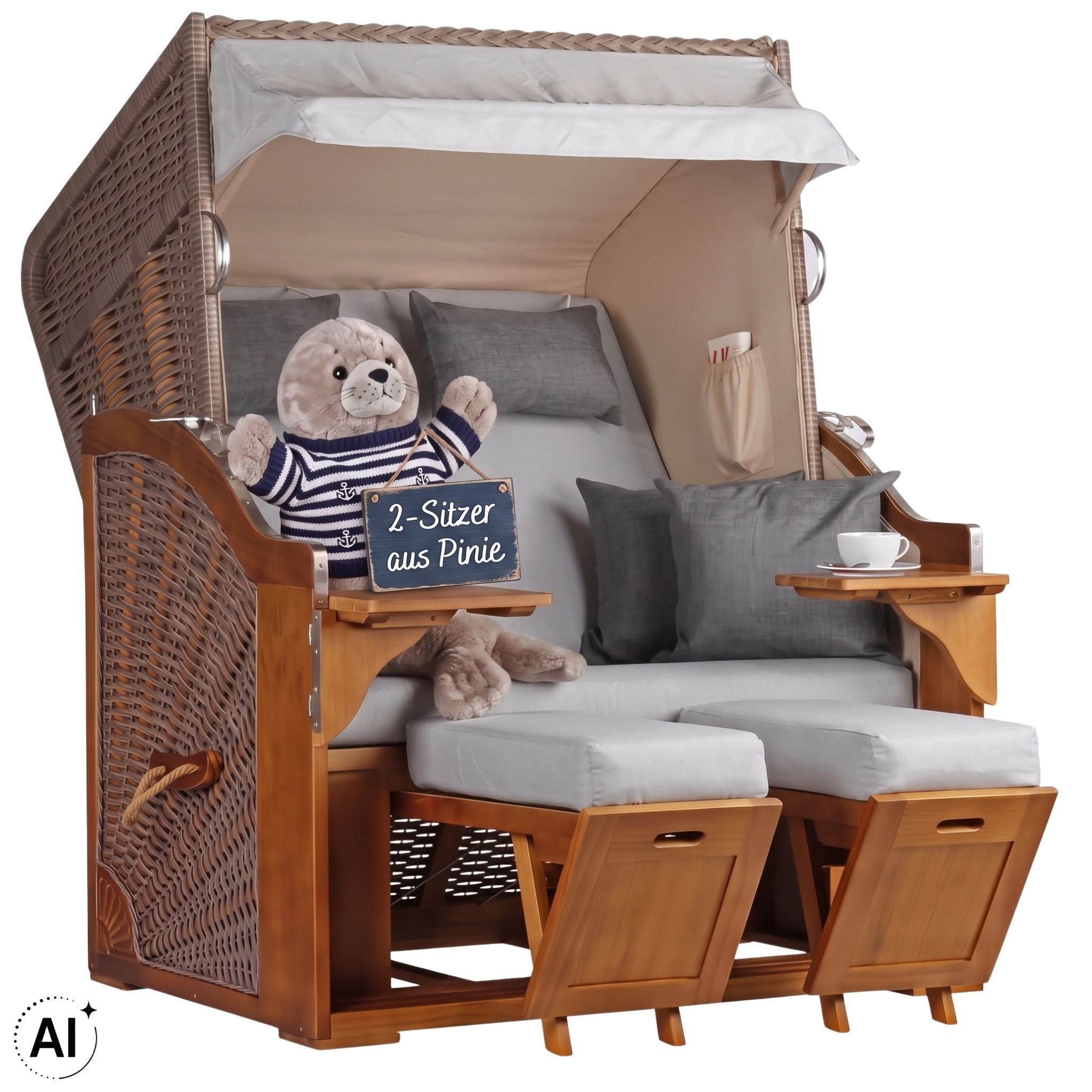 MR.DEKO Strandkorb 2-Sitzer Schleswig Pinie Braun PE Mokka, aufgebaut geliefert, BxTxH: 120x80x160 cm, 2-Sitzer, Schleswig, (Zweisitzer Strandkorb mit Bistrotischen & Fußstützen), Bereits montiert, UV-beständig, Volllieger & Edelstahl-Beschläge