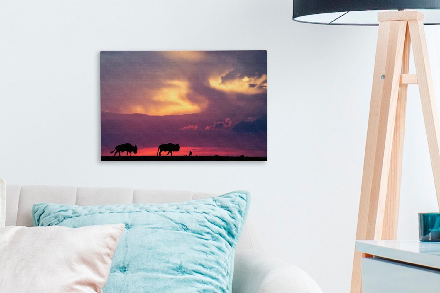 cm Leinwandbild 30x20 Wanddeko, Wandbild mit Gnus, zwei Silhouetten Sonnenuntergang OneMillionCanvasses® (1 St), Leinwandbilder, eines Aufhängefertig,