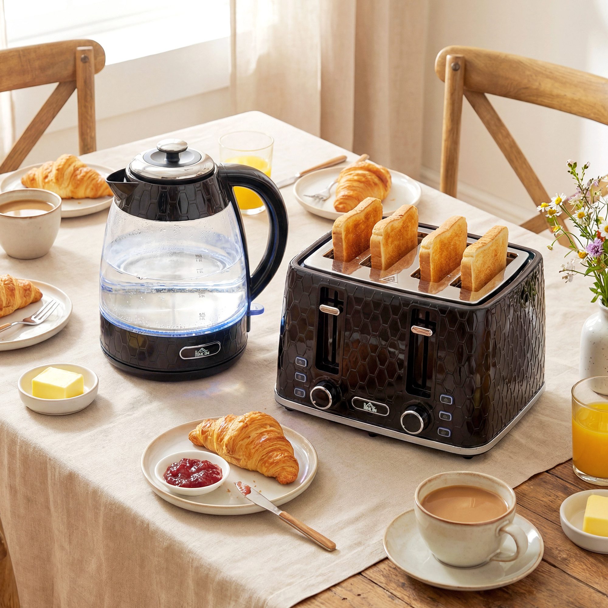 HOMCOM Frühstücks-Set Wasserkocher mit Kalkfilter, Toaster mit Krümelschublade (2-tlg), Toaster und Wasserkocher Set in Schwarz