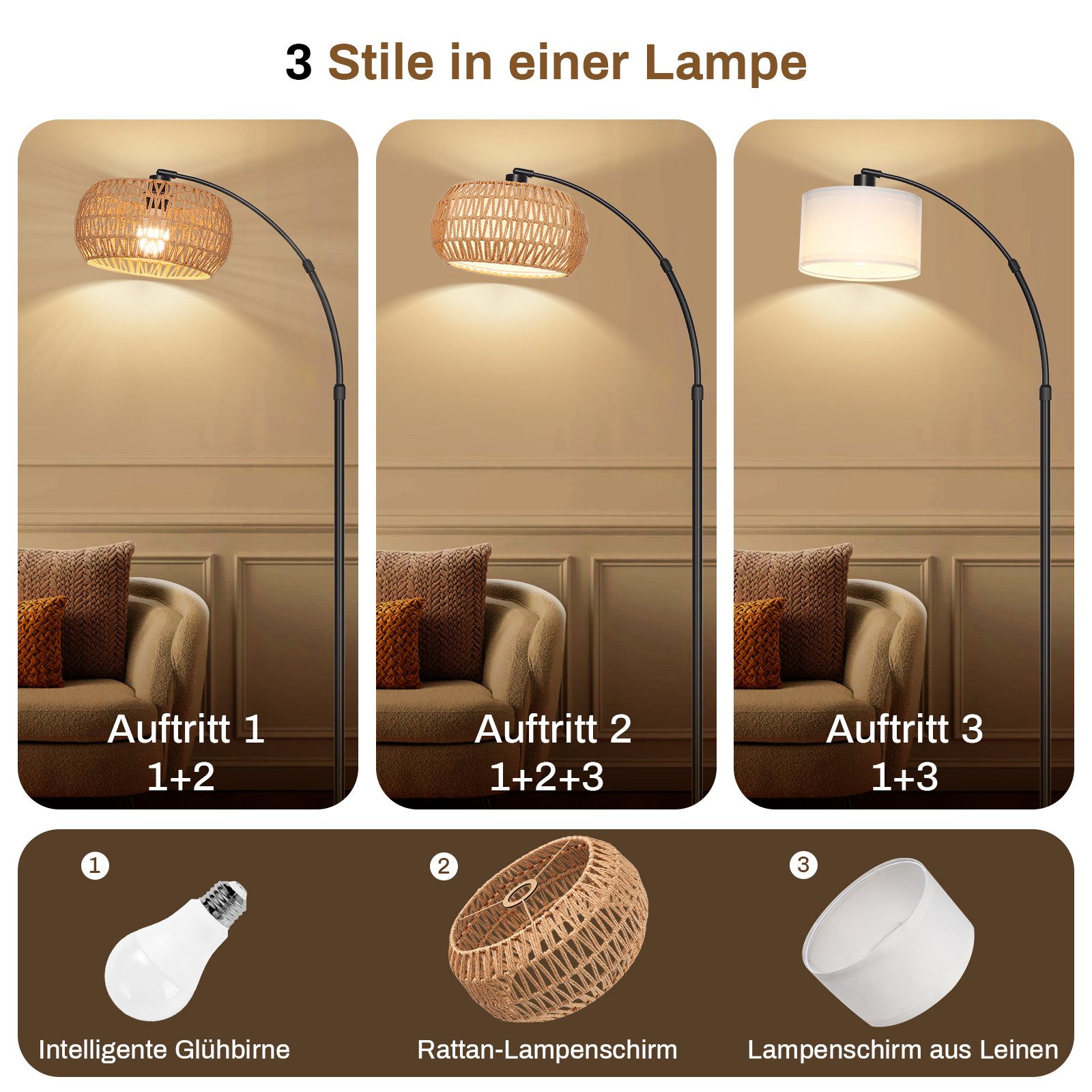 Jibenhome LED Stehlampe Rattan Boho LED Stehlampe Dimmable mit Fernbedienung,183cm, für Schlafzimmer, Wohnzimmer, Büro