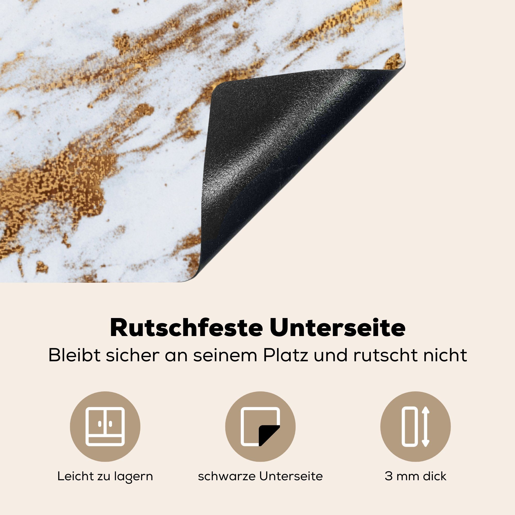 MuchoWow Herdblende-/Abdeckplatte Marmor - Muster Arbeitsplatte Ceranfeldabdeckung, 78x78 cm, - Gold küche (1 Vinyl, tlg), Weiß, für 