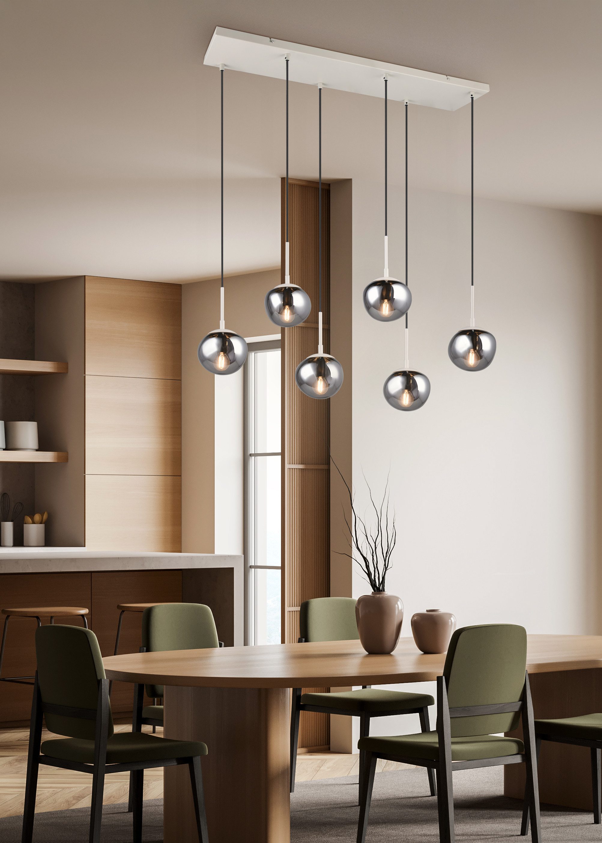 s.Oliver Pendelleuchte ANJELLA, Hängelampe beige exkl. E14, warm grey (beige) + smoke Glas, Leuchtmittel wechselbar, warmweiß - kaltweiß, mit mundgeblasenen Glasschirmen in rauchgrau, max 10W