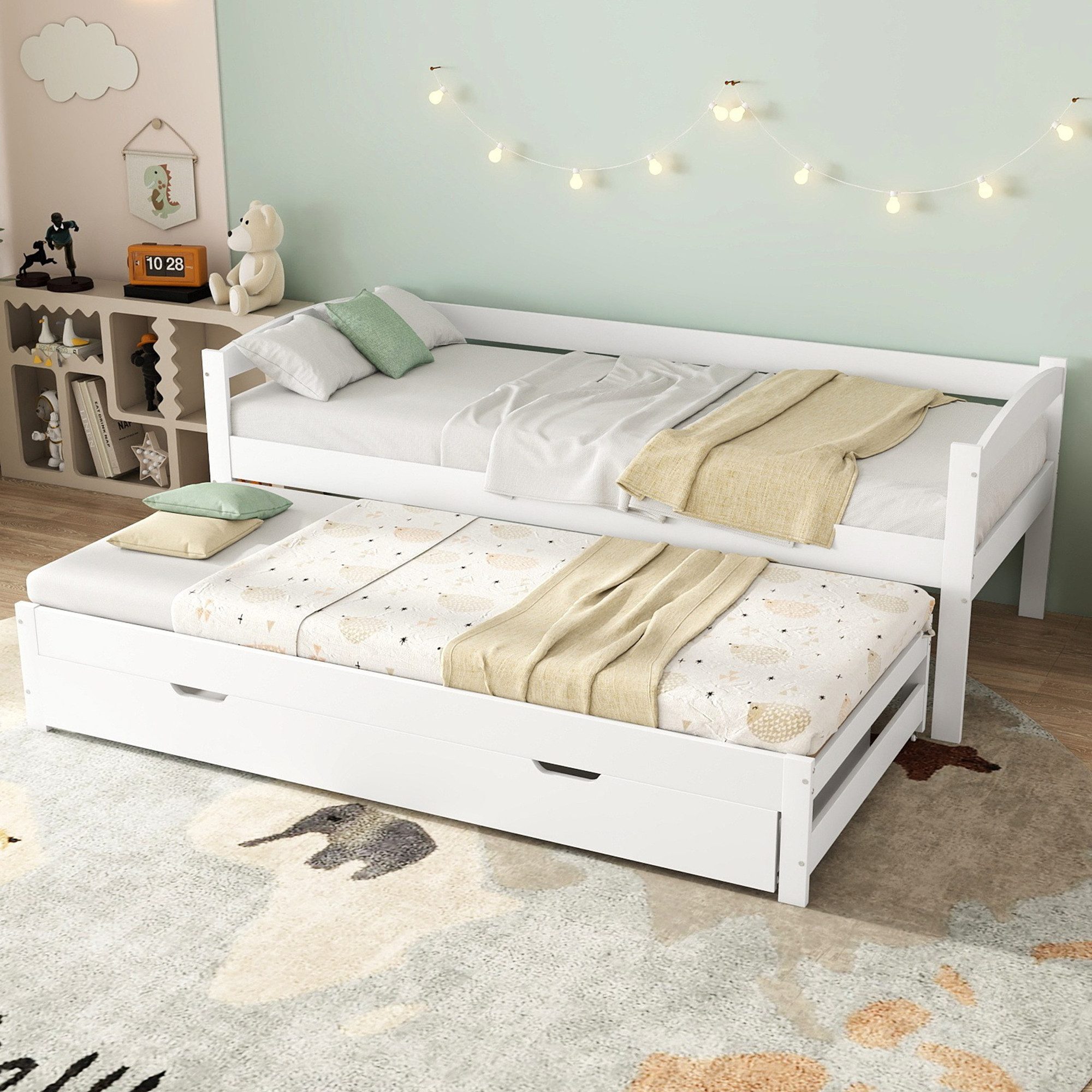 SOFTWEARY Einzelbett mit Gästebett, Lattenrost und 2 Schubladen (90x200 cm), Jugendbett, Holzbett
