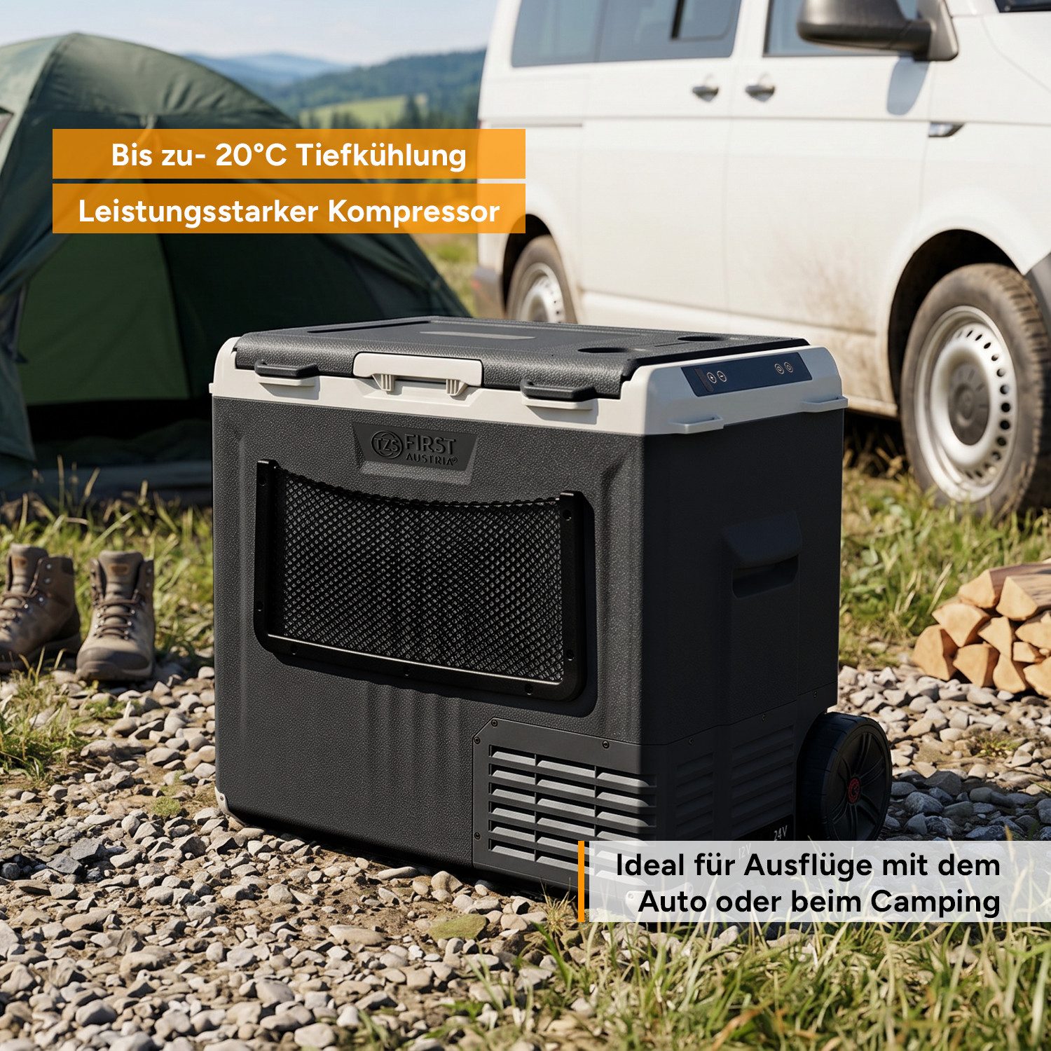 TZS FIRST AUSTRIA Elektrische Kühlbox Kompressor 50L, 12V / 230V Anschluss, App-Steuerung, Trolleyfunktion, Bis -20 °C, ECO & MAX Modus, inkl. Schneidebrett & F – Bild 4 von 5