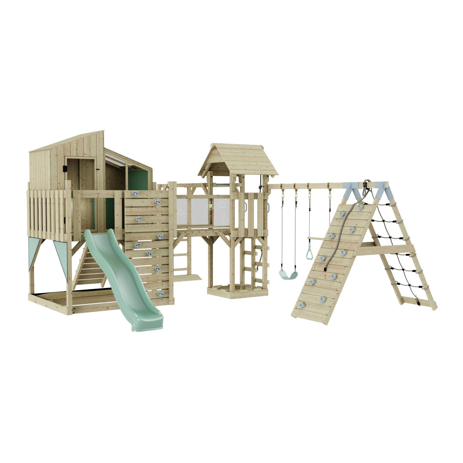 OutdoorToys Spielturm Gustav, aus Holz in Mintgrün mit Trapezschaukel mit Rutsche, Kletterwand
