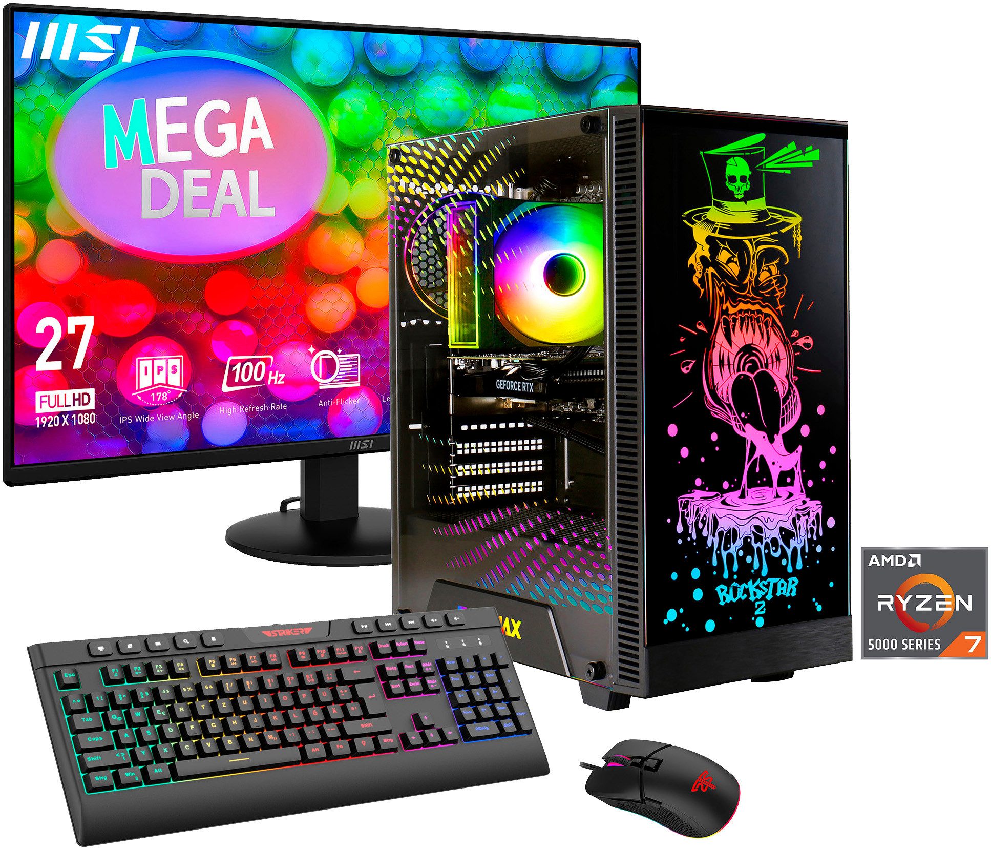 GAMEMAX MegaDeal Rockstar 2861 AMD Ryzen 7 5700X 32GB 1TB SSD RTX 5060 Gaming-PC-Komplettsystem (27", AMD Ryzen 7 5700X, RTX 5060, 32 GB RAM, 1000 GB SSD, Windows 11 + MSI PRO MP272L LCD-Monitor, 68,6cm (27)