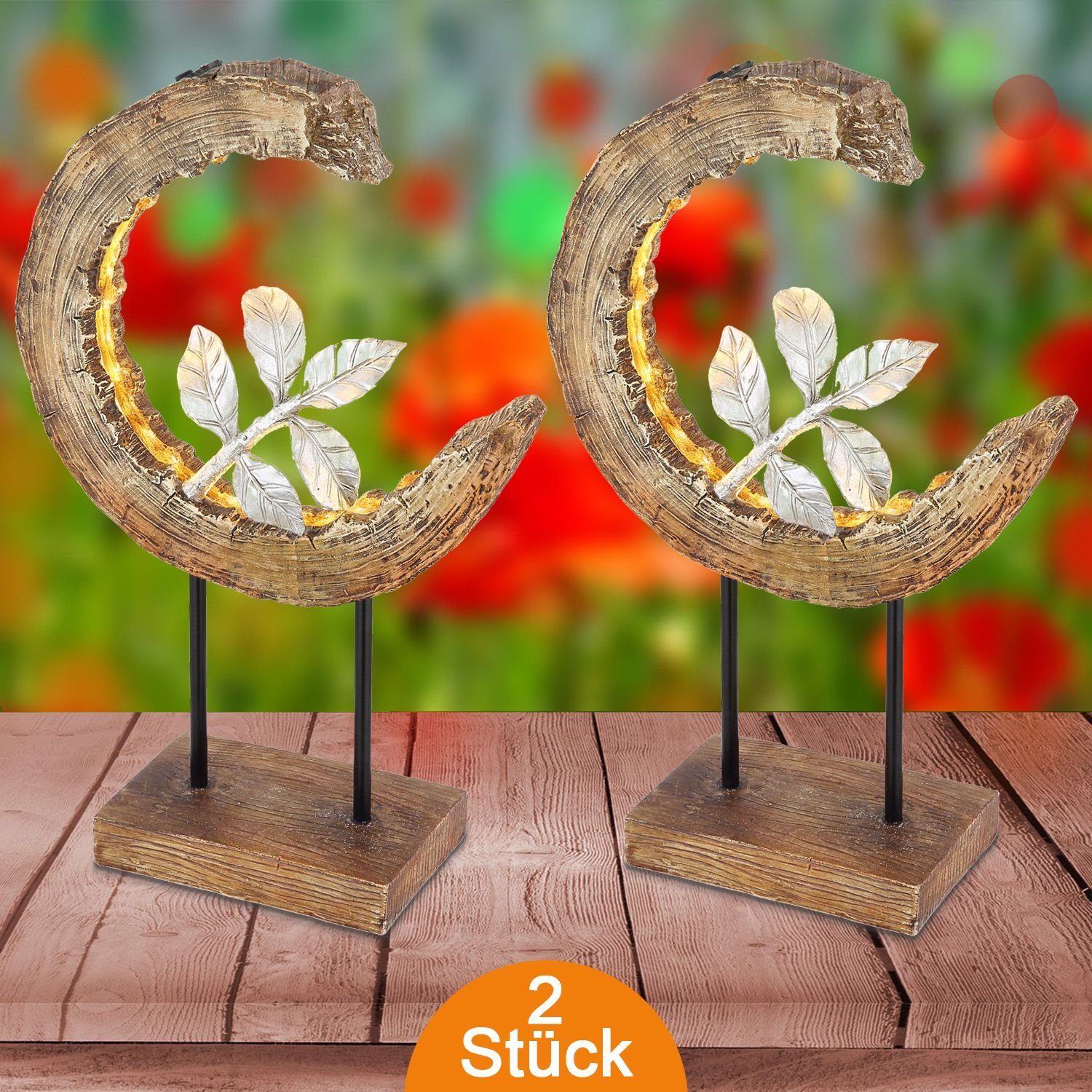 bmf-versand LED Solarleuchte Solarleuchten Garten Halbmond 2er Set Solarlampe Außen Außenleuchte, Tischlampe, LED fest integriert, Warmweiß, Holz Optik