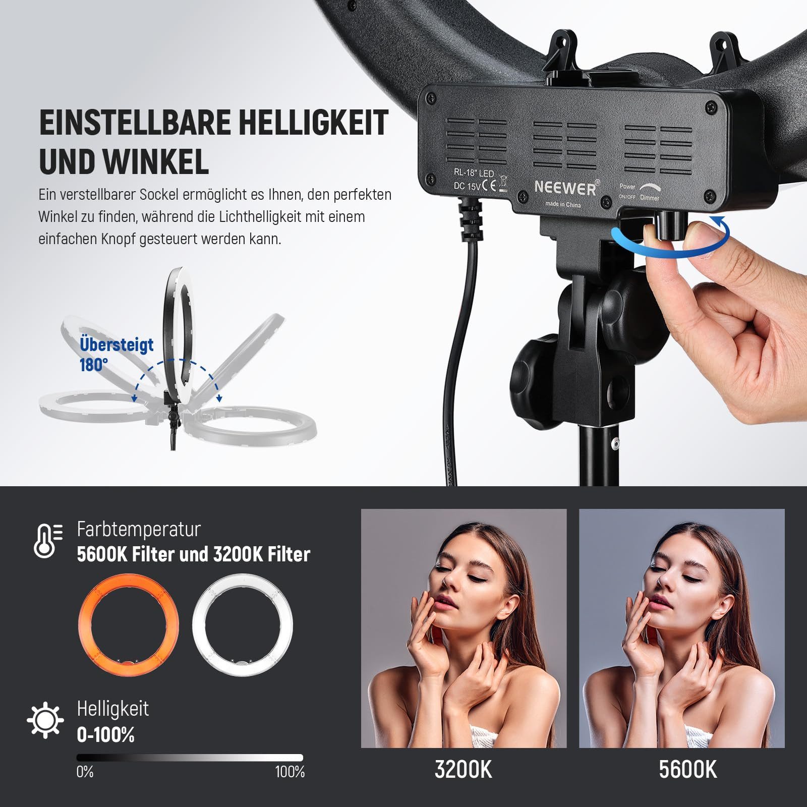 Neewer Ringlicht RL-18 Ringlicht mit Stativ Set:45cm Außen 55W 5600K LED Ringleuchte, Dimmbare, mit Bluetooth Fernbedienung, für Handy/Kamera YouTube TikTok