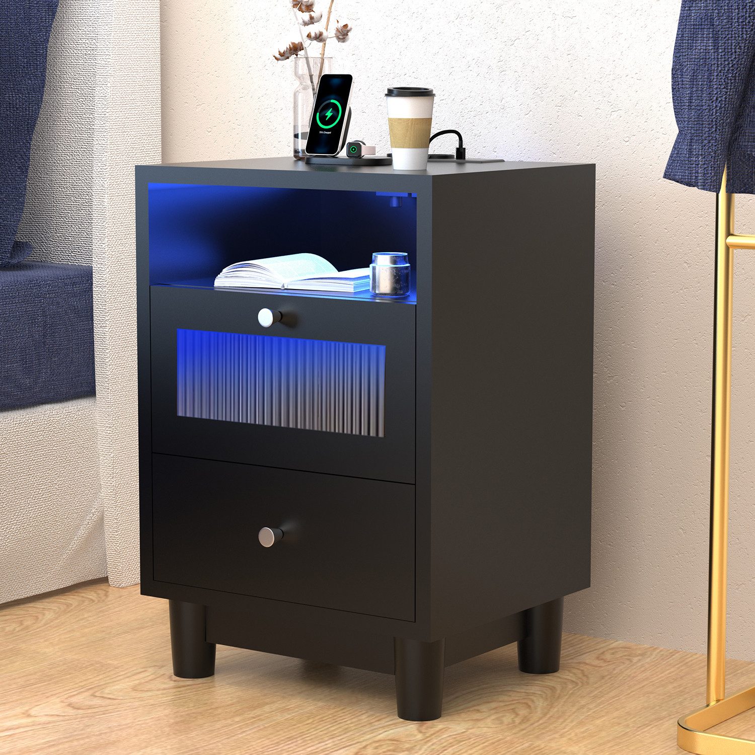 oyajia Nachttisch mit LED-Beleuchtung und Ladefunktion, günstig online kaufen