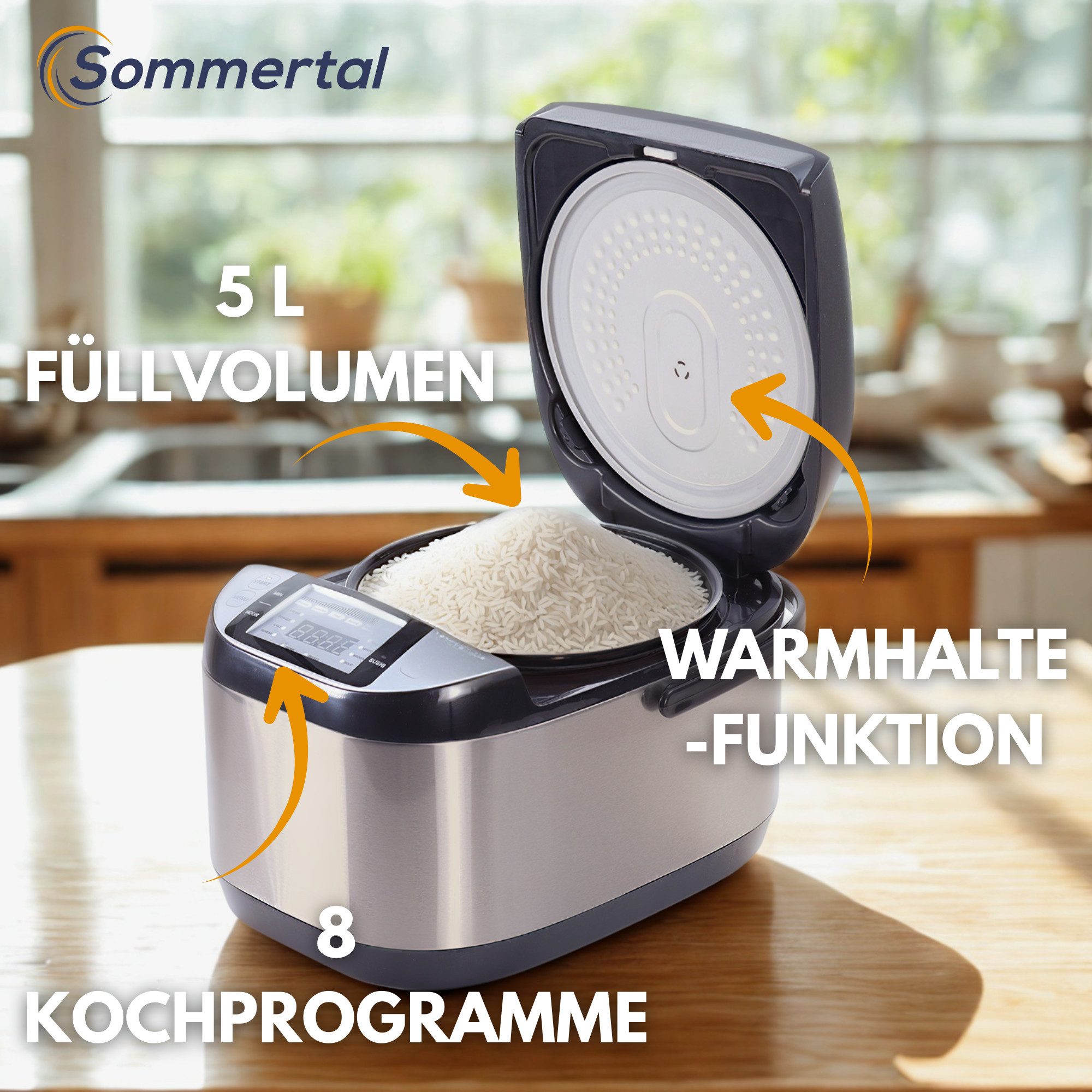 Sommertal Reiskocher Sommertal Reiskocher RK50 5L mit 3D-Heating 790W 8 Kochfunktionen, 790 W, 3D Heizsystem, Warmhaltefunktion & Timer