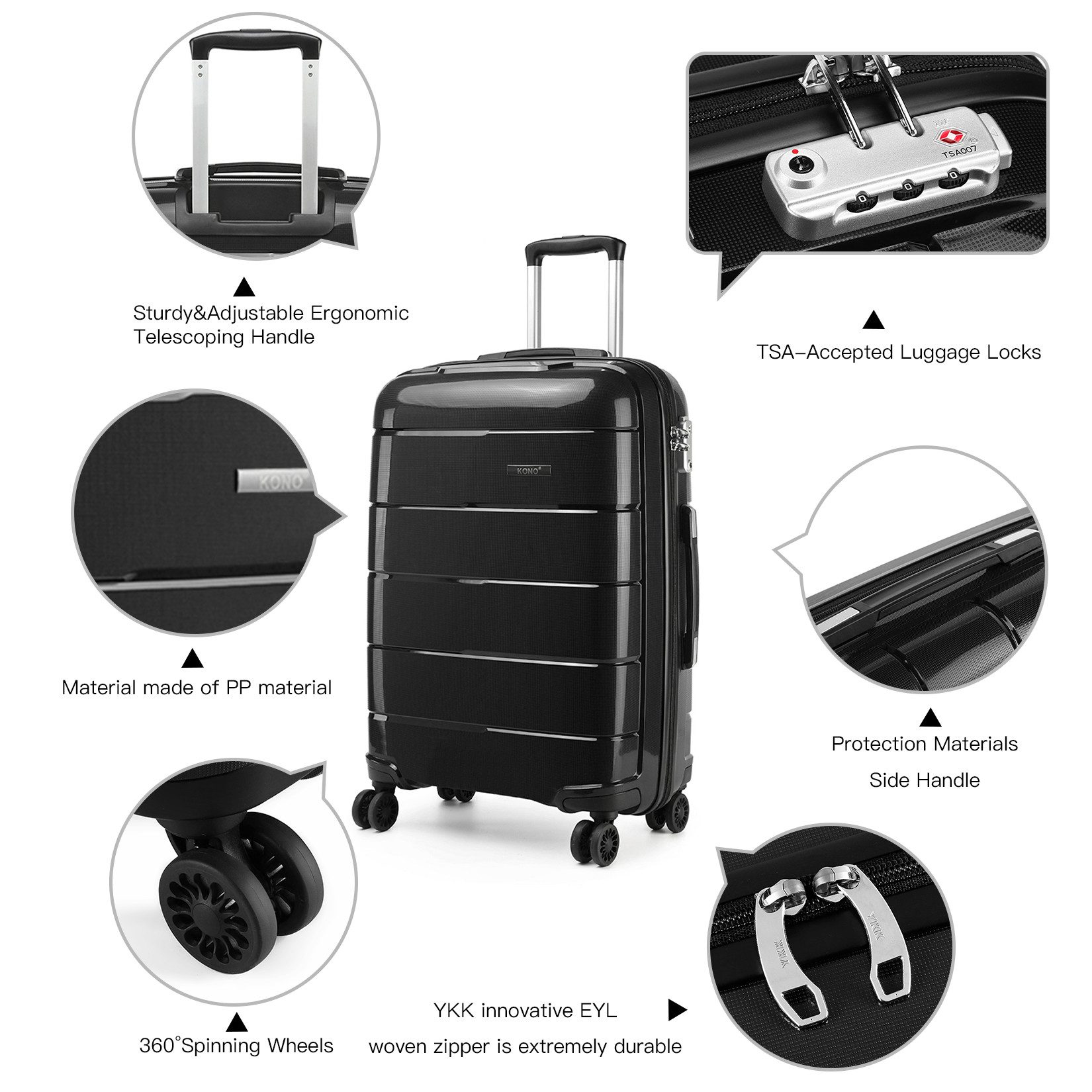 KONO Koffer Trolley mit 4 Rollen Polypropylen Ideal für Business & Schule – Bild 3 von 5