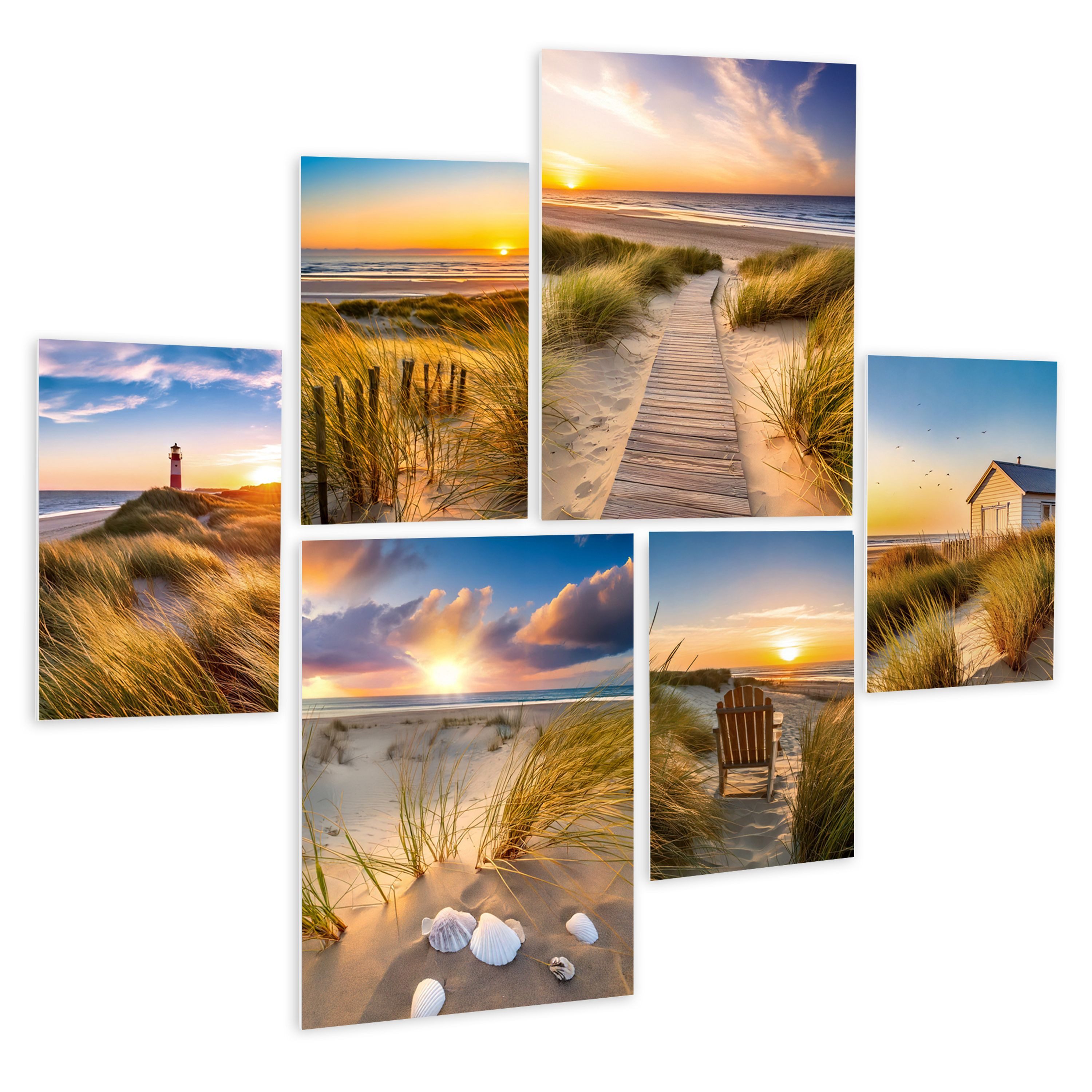 artissimo Mehrteilige Bilder Bilderset 6er-Set, Wandbilder-Set natur, Bilderwand, maritime Bilder, Strand und Meer: Sonnenuntergang