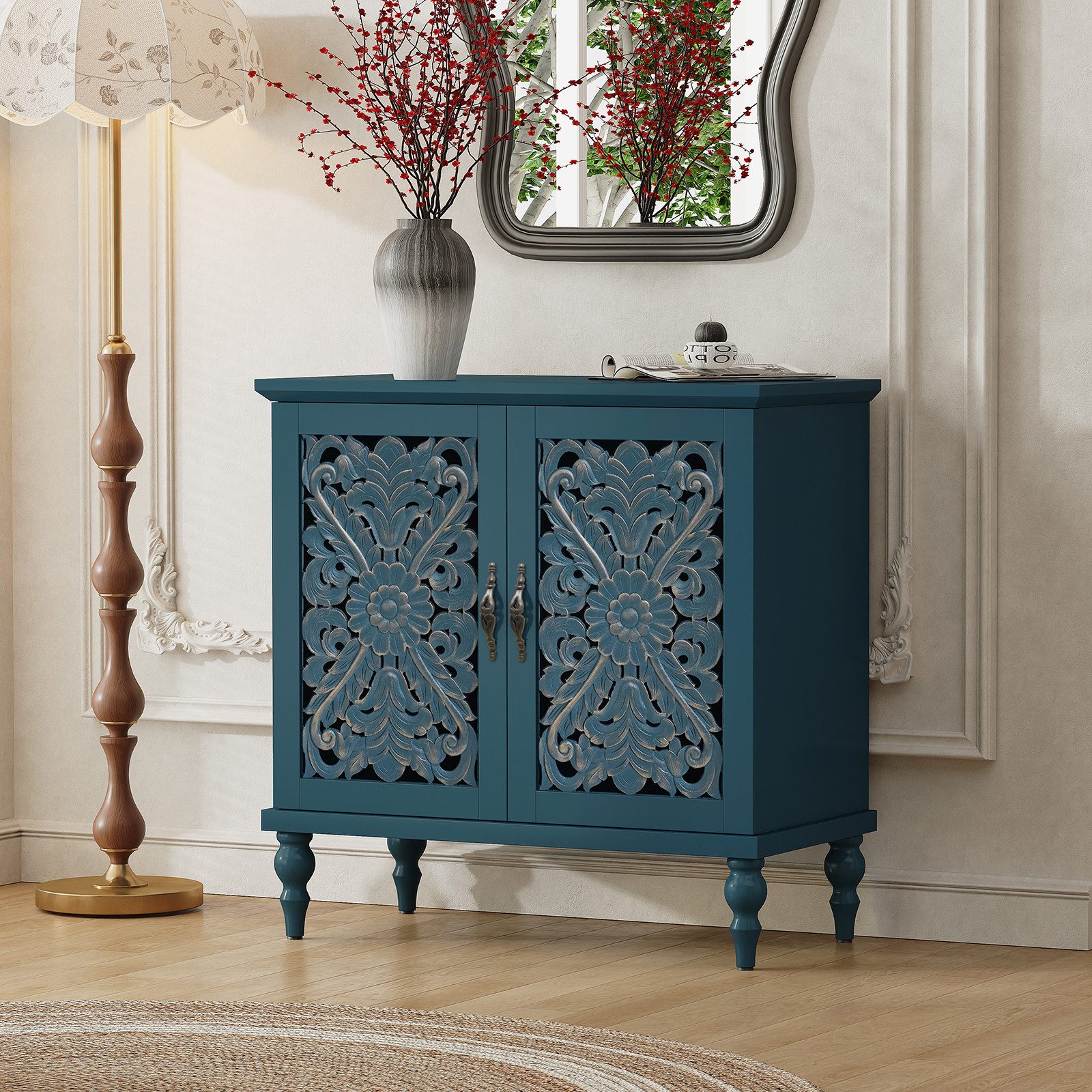 HOLTICO Kommode Vintage Sideboard Buffet Schrank mit Hohle Blumenschnitzerei (1 St), Akzent Schrank Holz Kommoden & Sideboards – Bild 5 von 5