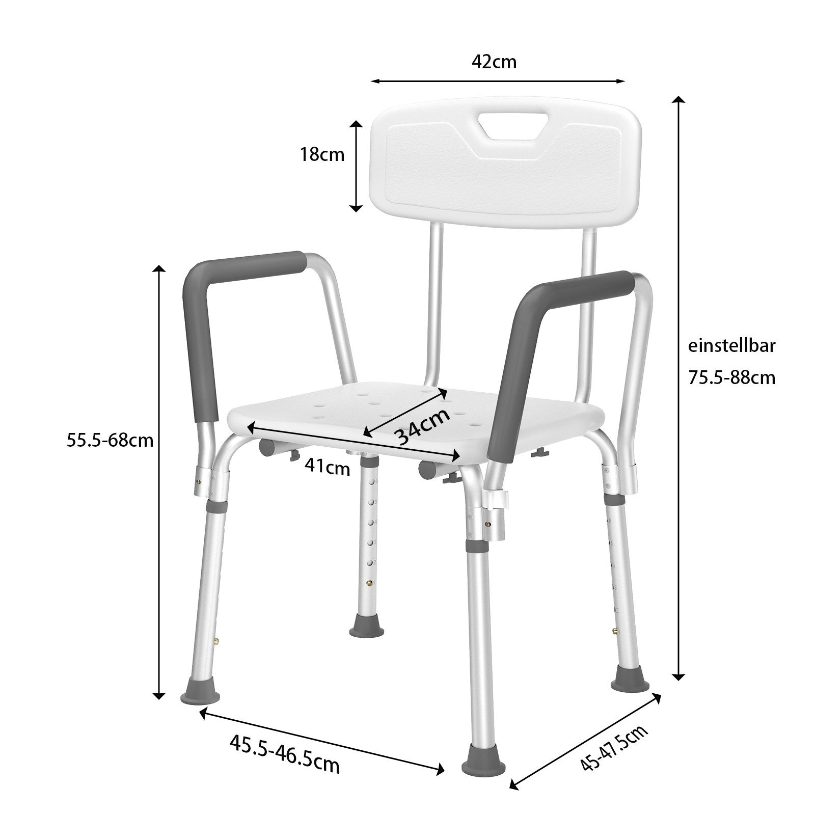 FIVMEN Duschstuhl Duschhocker Höhenverstellbar mit Armlehne und Rückenlehne, Anti-Rutsch Badsitz Duschhilfe Duschsitz aus Alu und Kunststoff