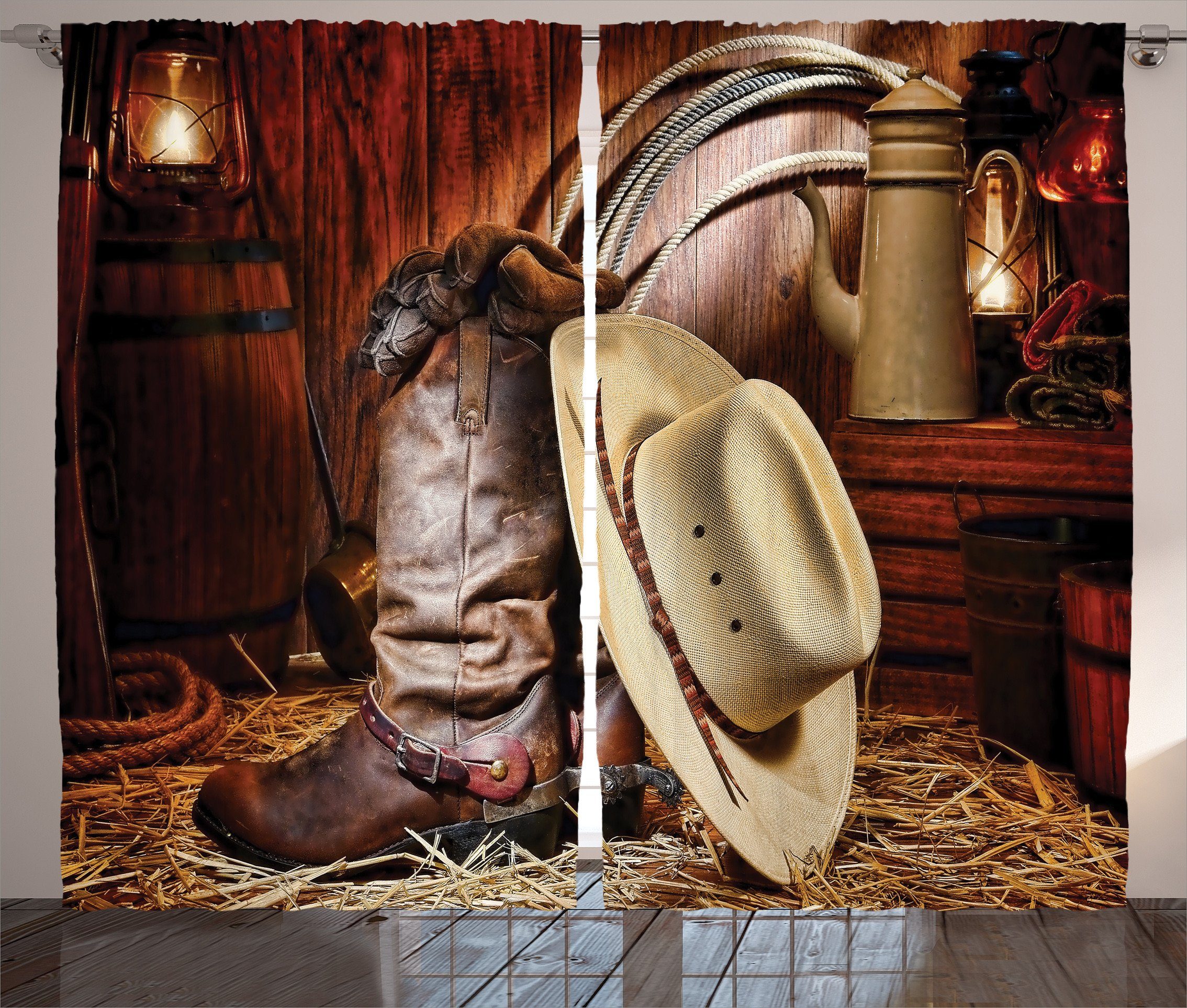 Rodeo Gardine mit Vorhang Western Haken, Retro Amerika Schlaufen Kräuselband und Schlafzimmer Abakuhaus,
