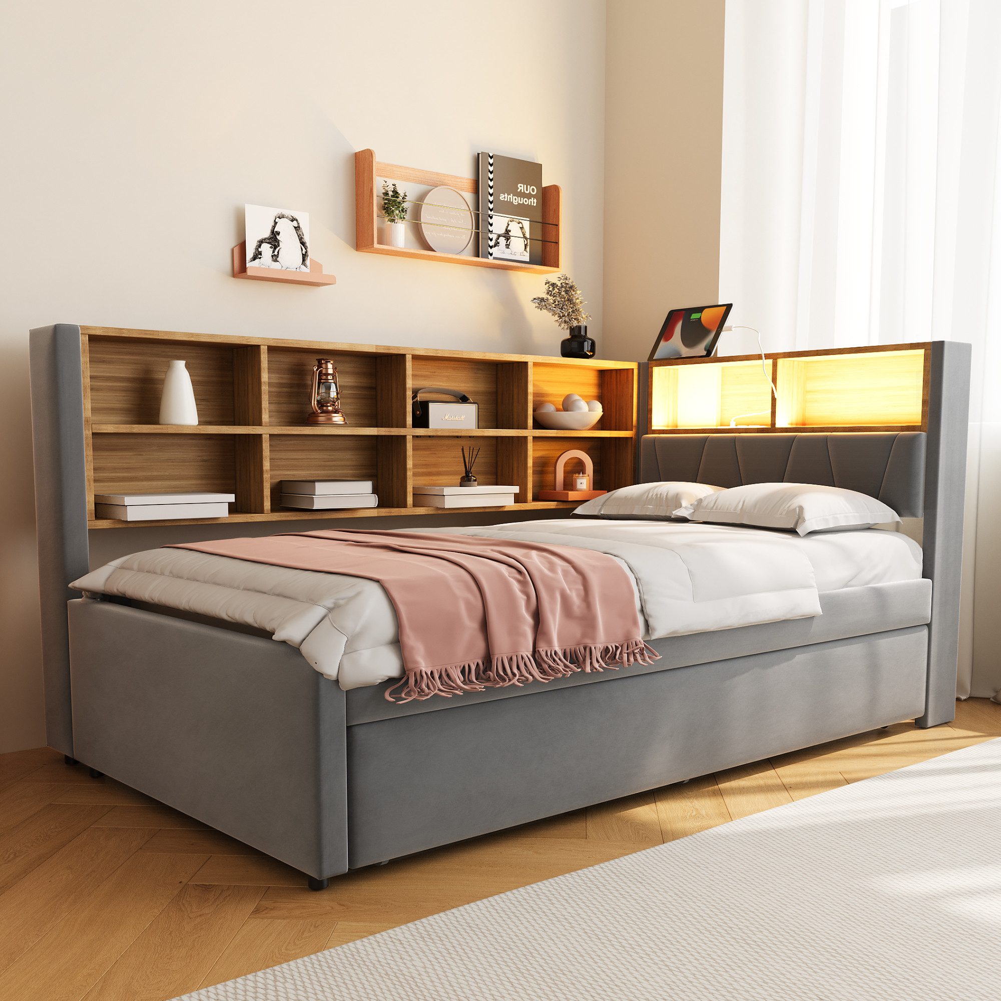 Odikalo Ausziehbett Schlafsofa Polsterbett Bettgestell Ablagefach 90x190/200cm Mehrfarbig