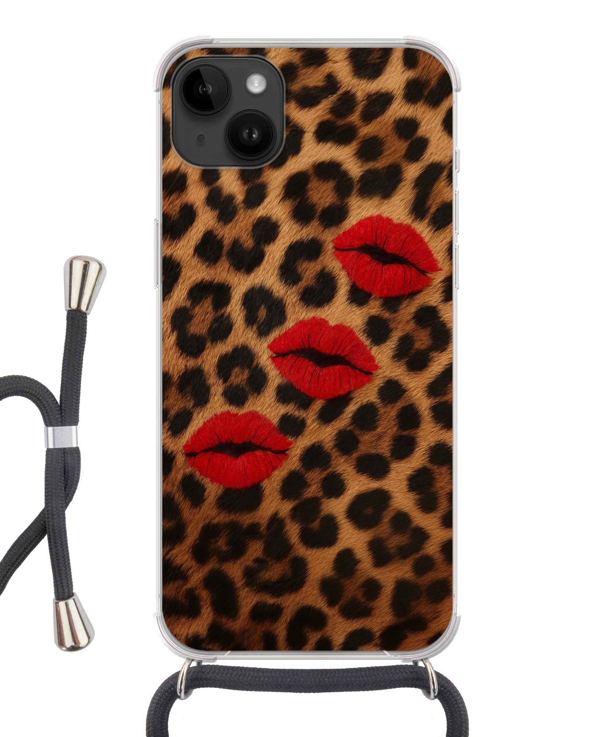 MuchoWow Handyhülle für Apple iPhone 14 Plus Lippen - Drei - Rot - Pantherdruck, Tragbare Handyhüllen mit Kette zum umhängen, Handykette Handyband