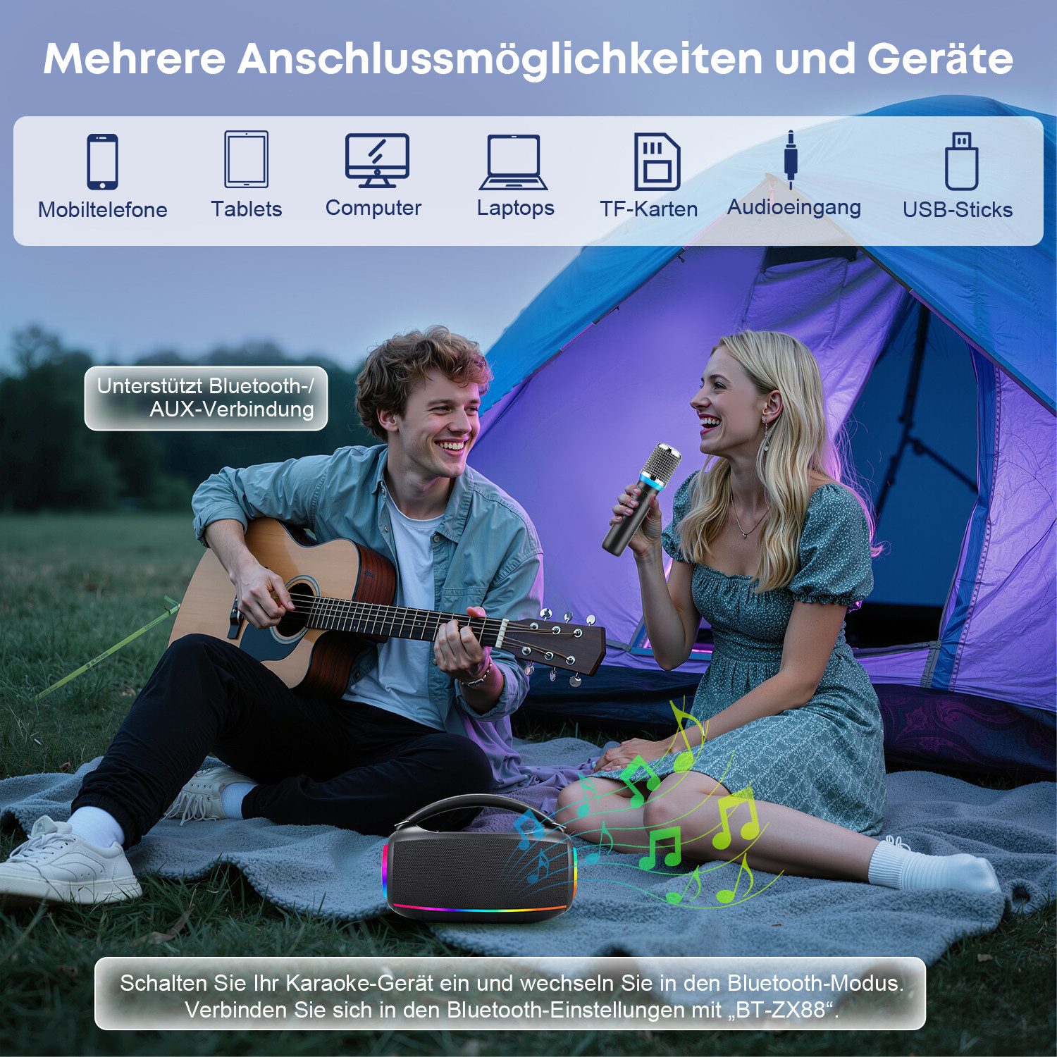 CkeyiN Pro Portable Lautsprecher,mit 2 Mikrofonen,tragbarer Lautsprecher Bluetooth-Lautsprecher RCA/TF/USB/AUX (Bluetooth 5.3, 60 W, 7200 mAh,mit abnehmbarem Schultergurt,für Zuhause/Party)