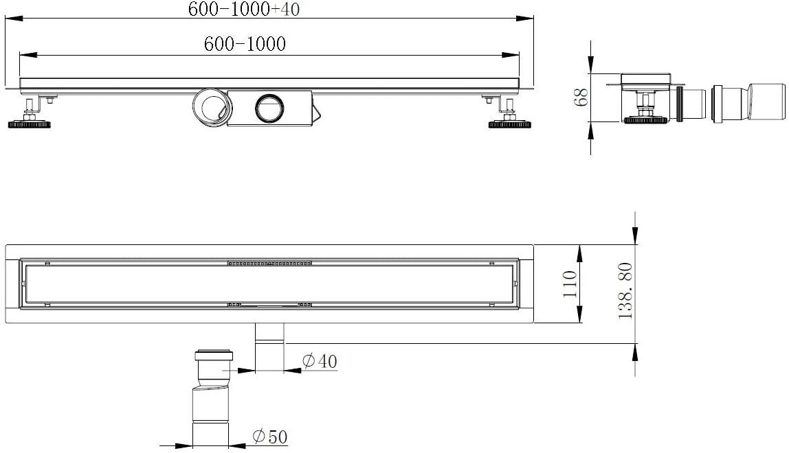 Elbe Duschrinne 60 cm, 3-reihig-Schlitzm Muster, mit Siphon, Haarsieb, Gruchsstop, Oberteil und Unterteil aus rostfreiem Stahl, Geruchssicher	Korrosionsresistent	Rostbeständig 60 cm