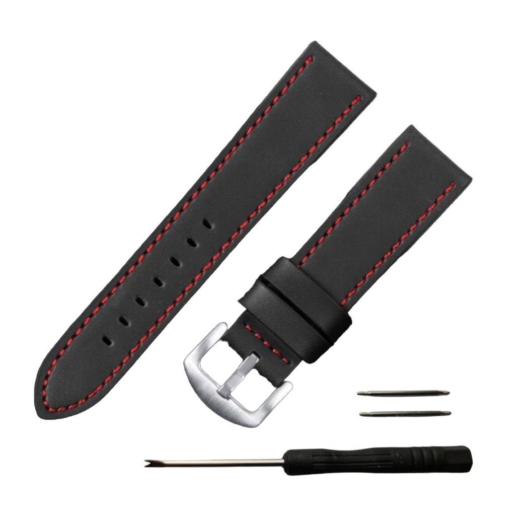 aus und Ware Leder Welt aller roter Naht Gratis schwarz + Federstege Uhrenarmband Werkzeug mit 22mm