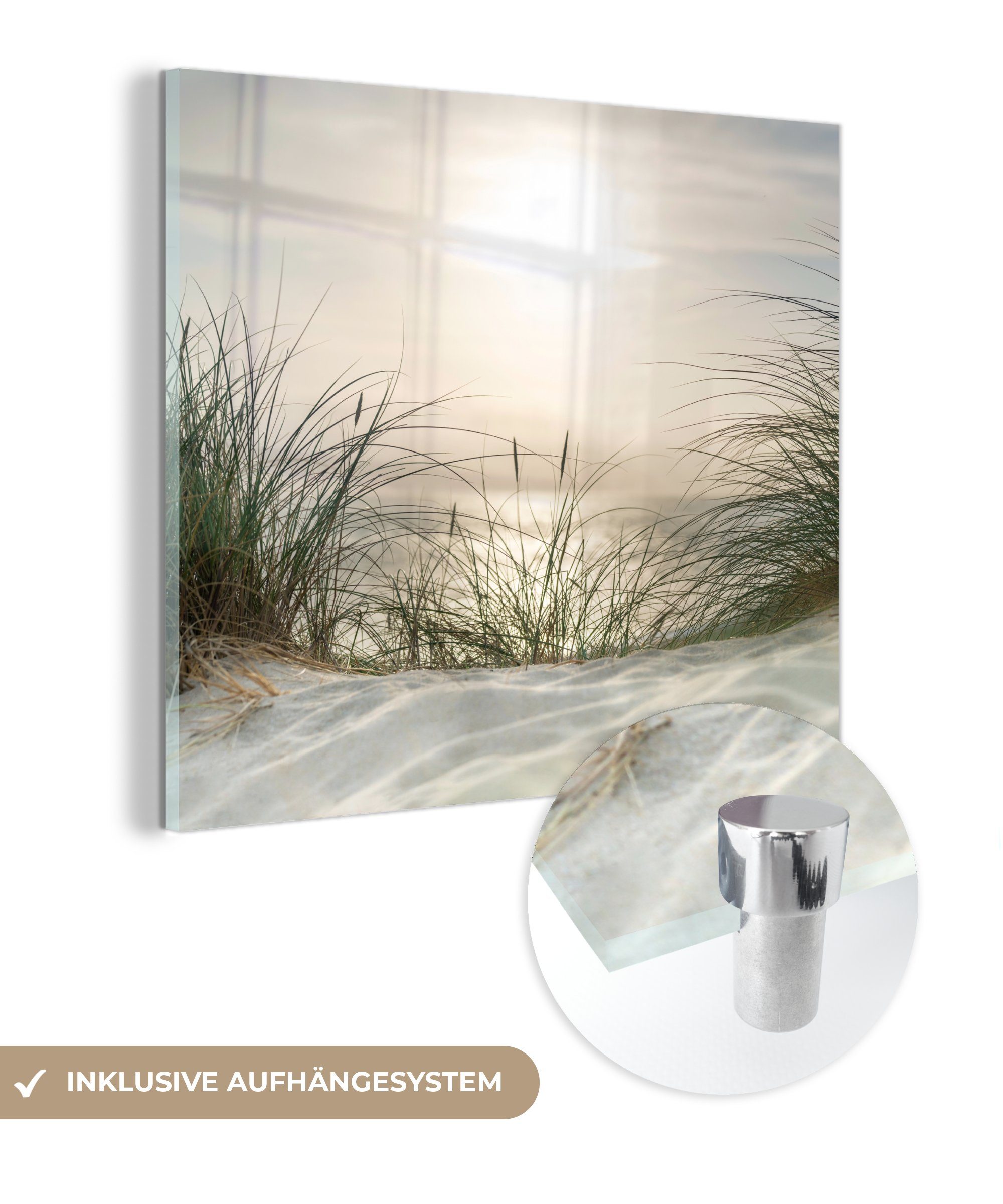 MuchoWow Acrylglasbild Sand - Gras - Sonne, (1 St), Glasbilder - Bilder auf Glas Wandbild - Foto auf Glas - Wanddekoration
