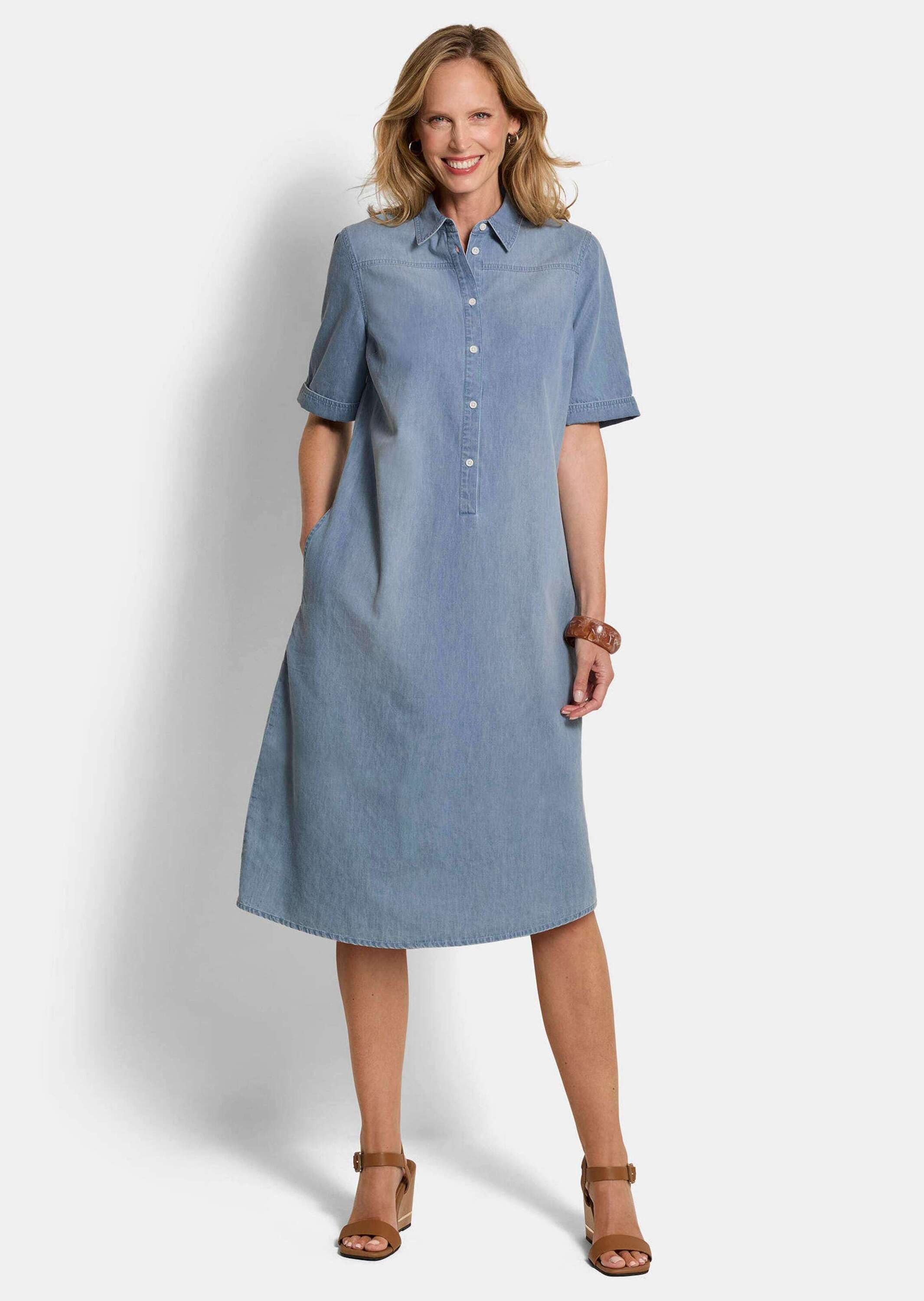 GOLDNER Sommerkleid Baumwollkleid mit heller Waschung Midikleid mit Hemdkragen, Knopfleiste, Taschen, Knielänge und Halbarm