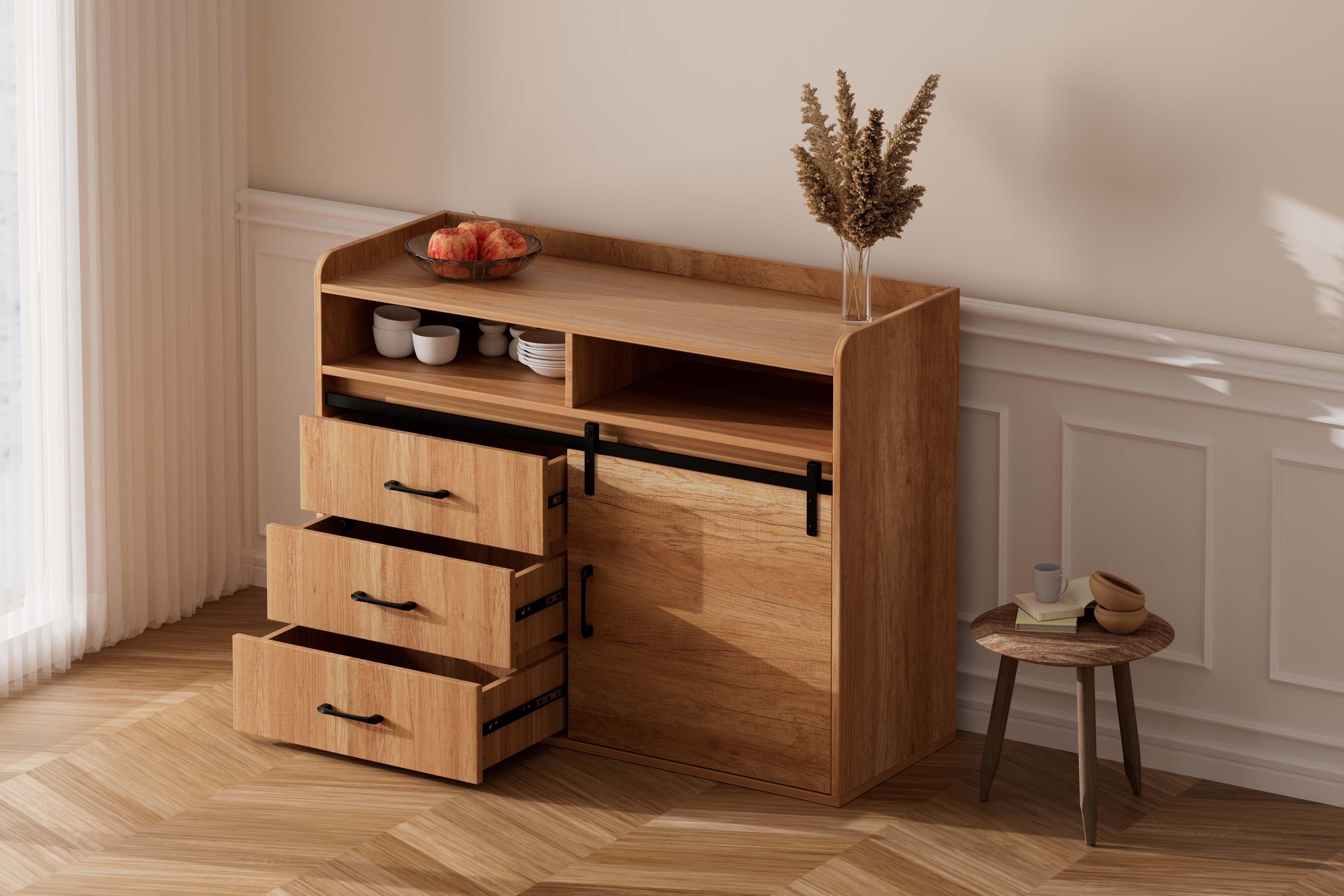 HOMAVO Sideboard HG1 kommode mit Schiebetüren & 4 Schubladen – 107 & 140 cm (FSC®, viel Stauraum, pflegeleicht), für Wohnzimmer Schlafzimmer Büro Flur – Bild 3 von 5