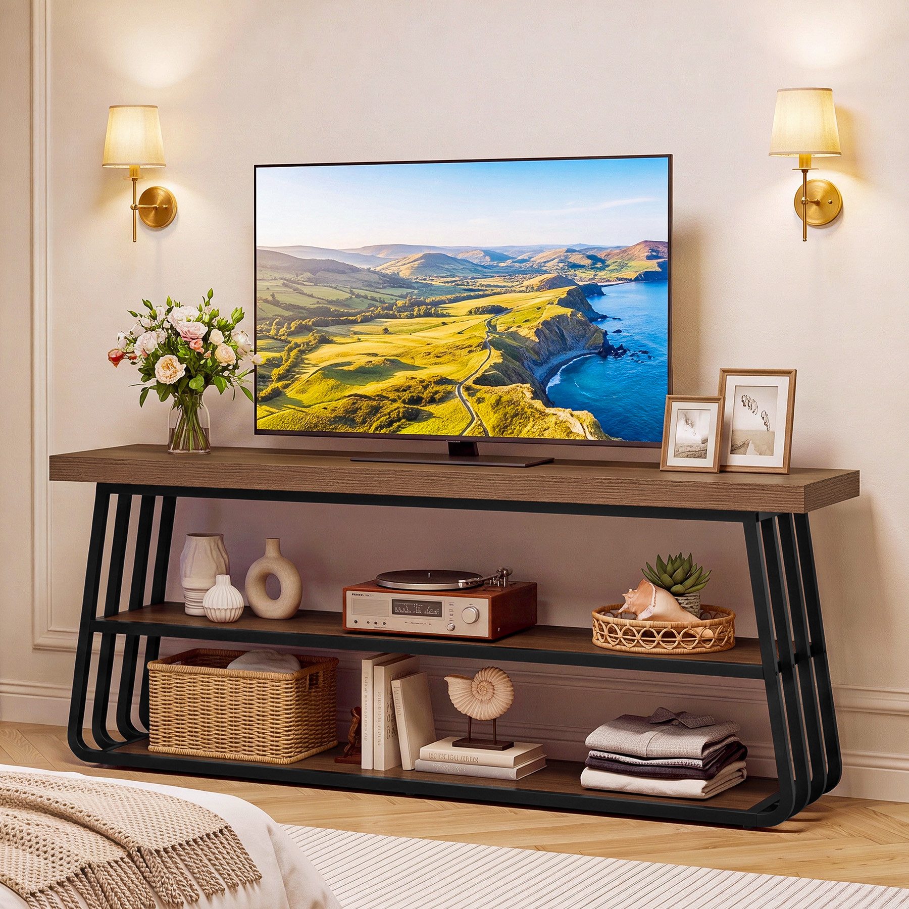 Tribesigns TV-Schrank TV-Board 160 cm für 55–65 Zoll, 3-stufige Medienkonsole, Industriestil