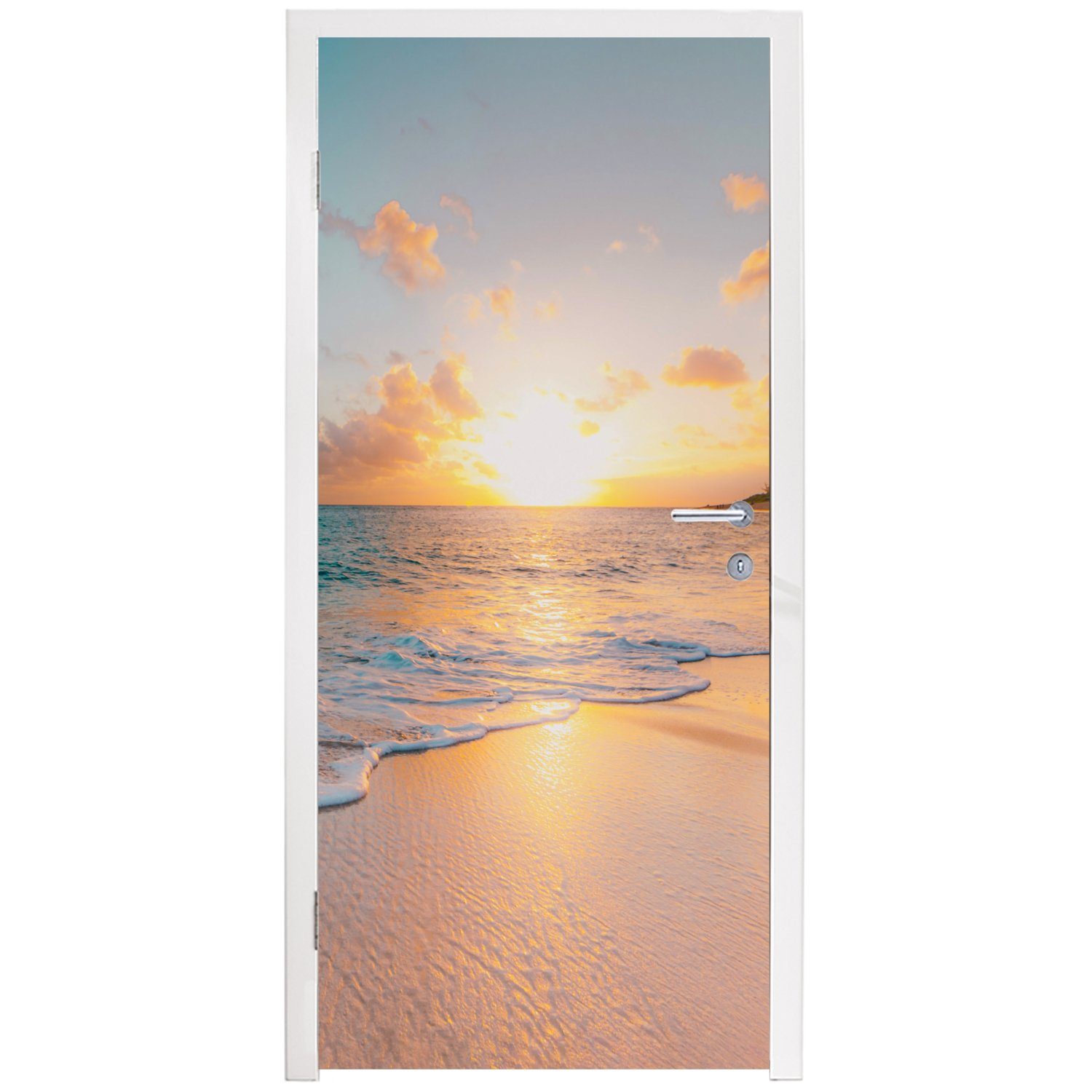 MuchoWow 75x205 Sommer St), Türtapete Türaufkleber, Sonnenuntergang - cm Meer bedruckt, für - Matt, - Tür, Strand Fototapete - Blau, (1