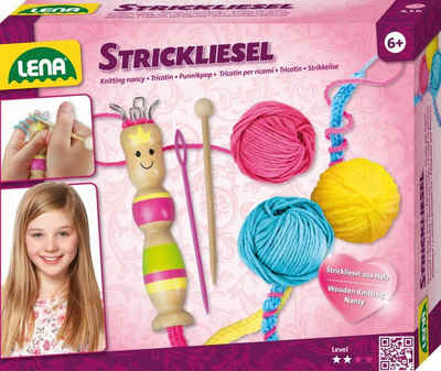 Lena® Lernspielzeug Strickliesel Strickgerät Kunststoffnadel Strickhaken Wolle 3 Farben