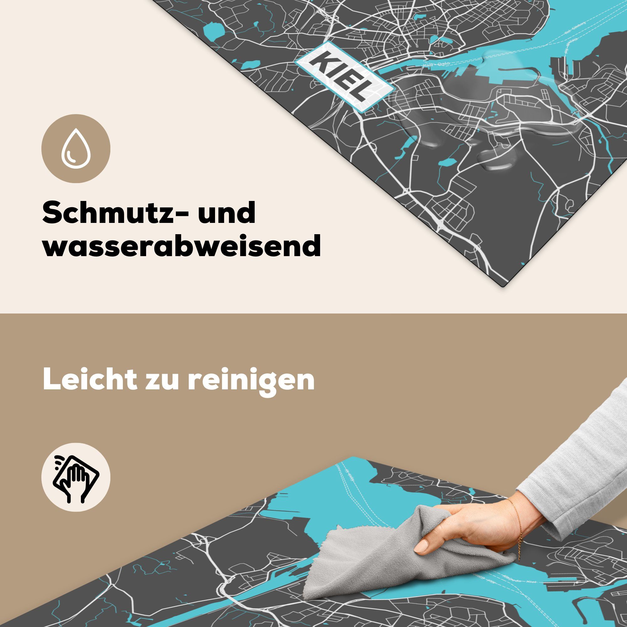 (1 für - MuchoWow - Karte, Arbeitsplatte 78x78 Herdblende-/Abdeckplatte Stadtplan cm, küche Kiel tlg), - Deutschland Ceranfeldabdeckung, Vinyl,