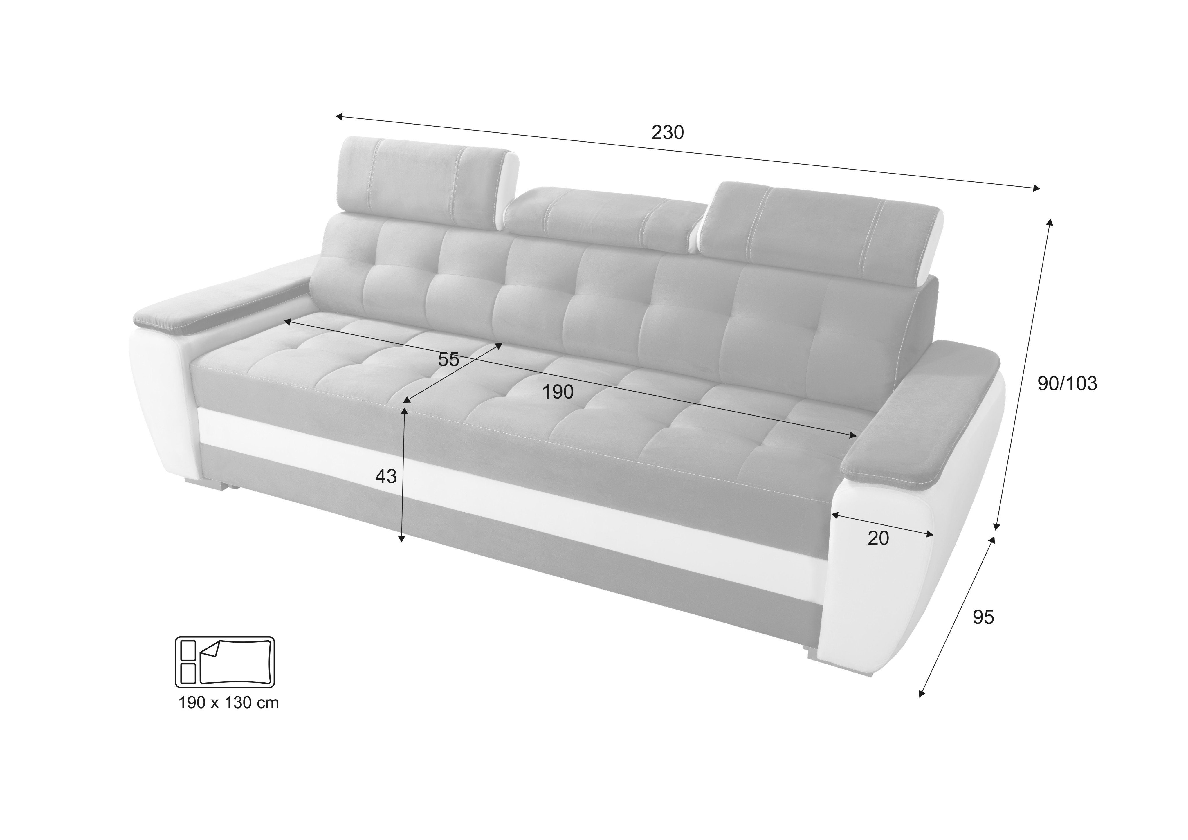 BLUE+WHITE Verstellbare Sofa Diana Kopfstützen Schlafsofa 3 mit robin Schlaffunktion