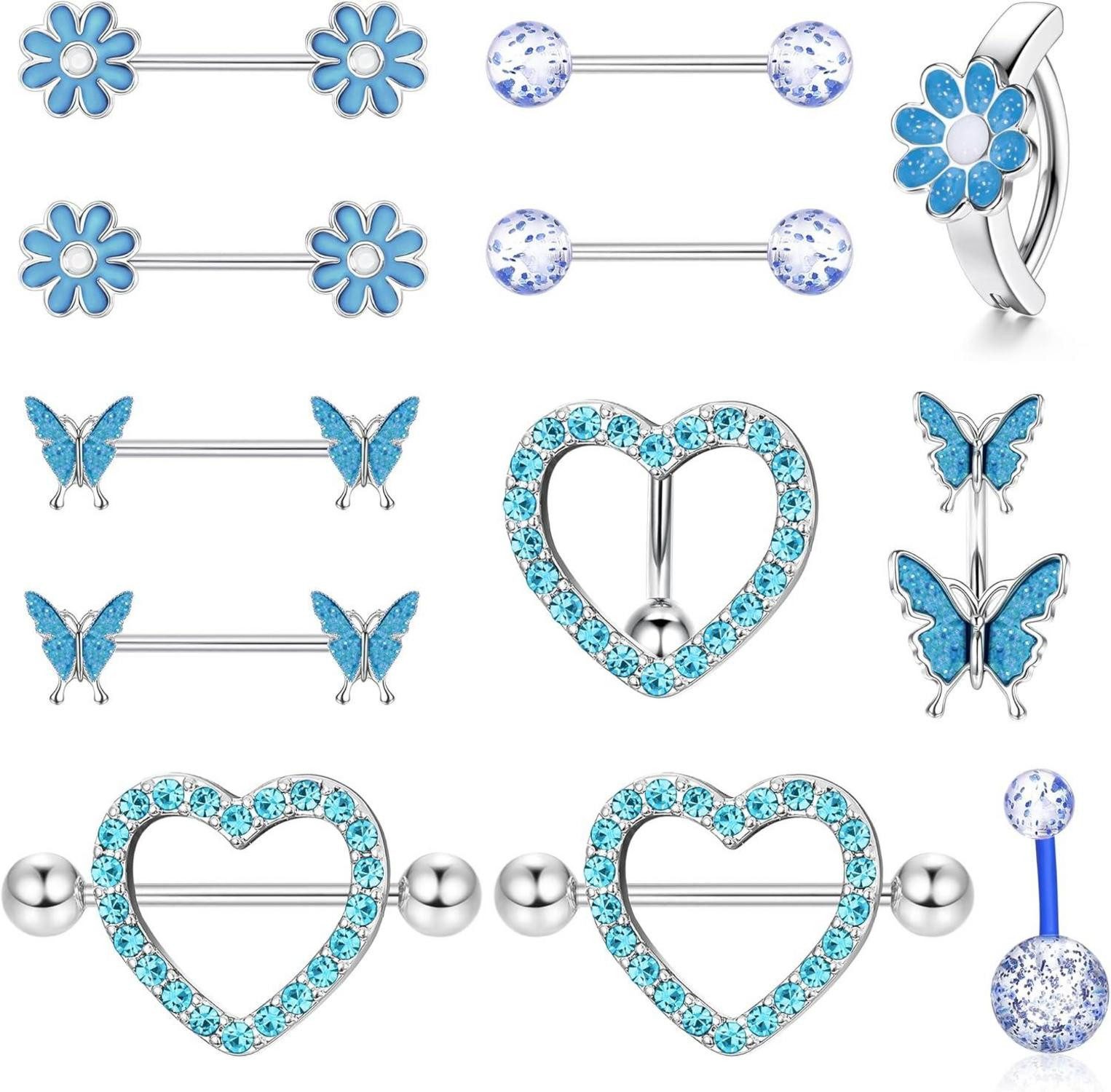 Kakonia Brustwarzenpiercing-Set Nippelpiercing und Bauchnabelpiercing Set 14G Chirurgenstahl Frauen