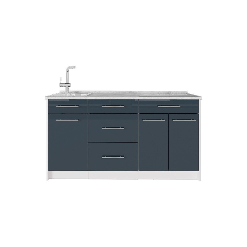 Vicco Küchenzeile Fame-Line, Dunkelblau Hochglanz/Weiß, 150 cm, AP Marmor