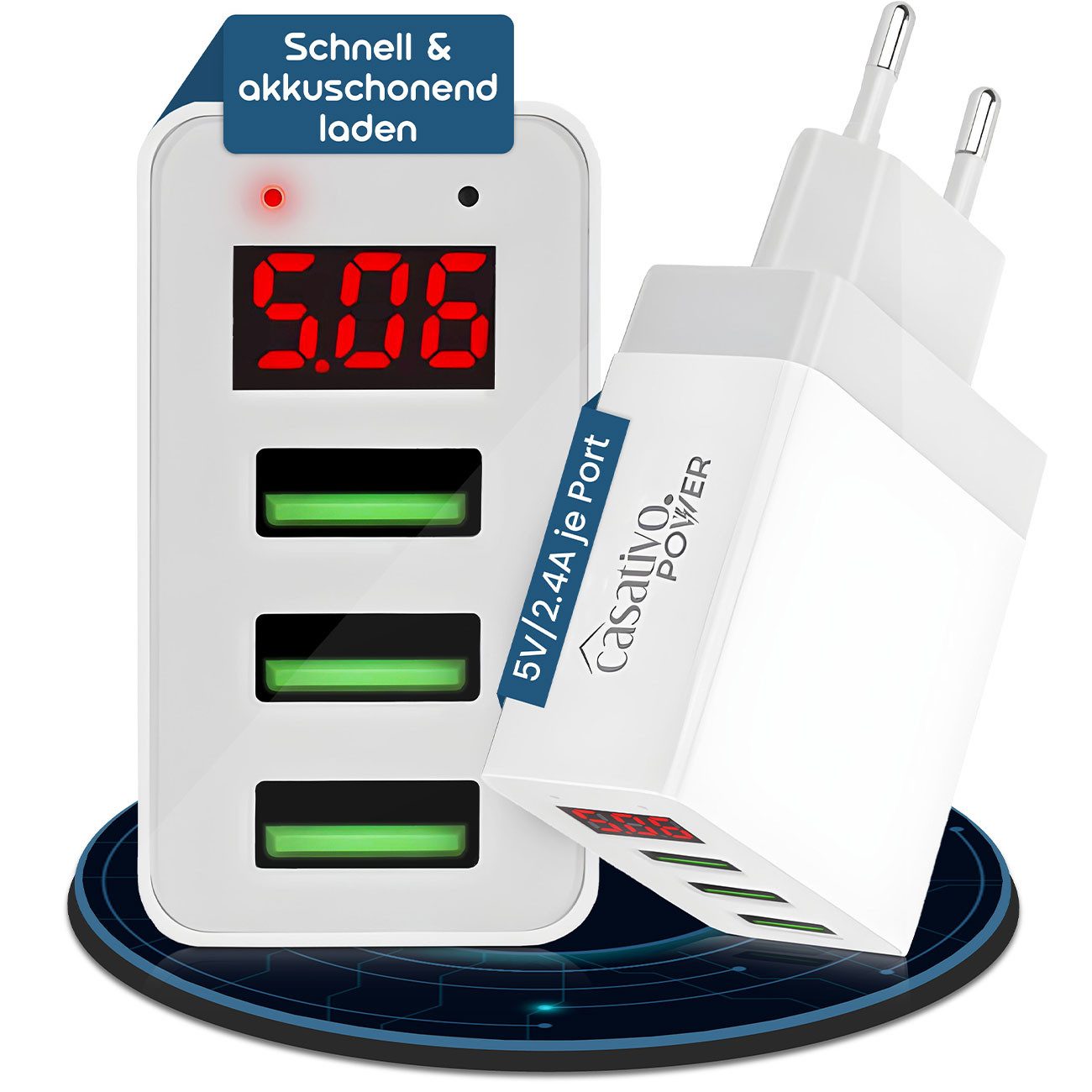 Casativo Multi-Port USB Ladegerät 3 USB-A Ports LED-Display 5V/2.4A je Port USB-Ladegerät (1-tlg., 2×USB 5V/2,4A, max. 3,1A/15,5W, LED-Display für Spannung & Strom)