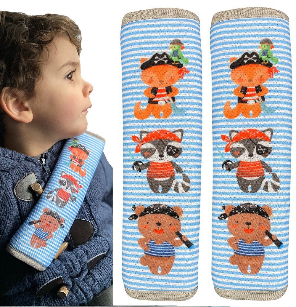 Schlafkissen 1x oder 2x Kinder Auto Gurtpolster Gurtschutz mit Piraten Motiv - Sicherheitsgurt Polster für Kinder und Babys- Ideal für jeden Gurt Autositzerhöhungen Kinder Fahrradanhänger Flugzeug