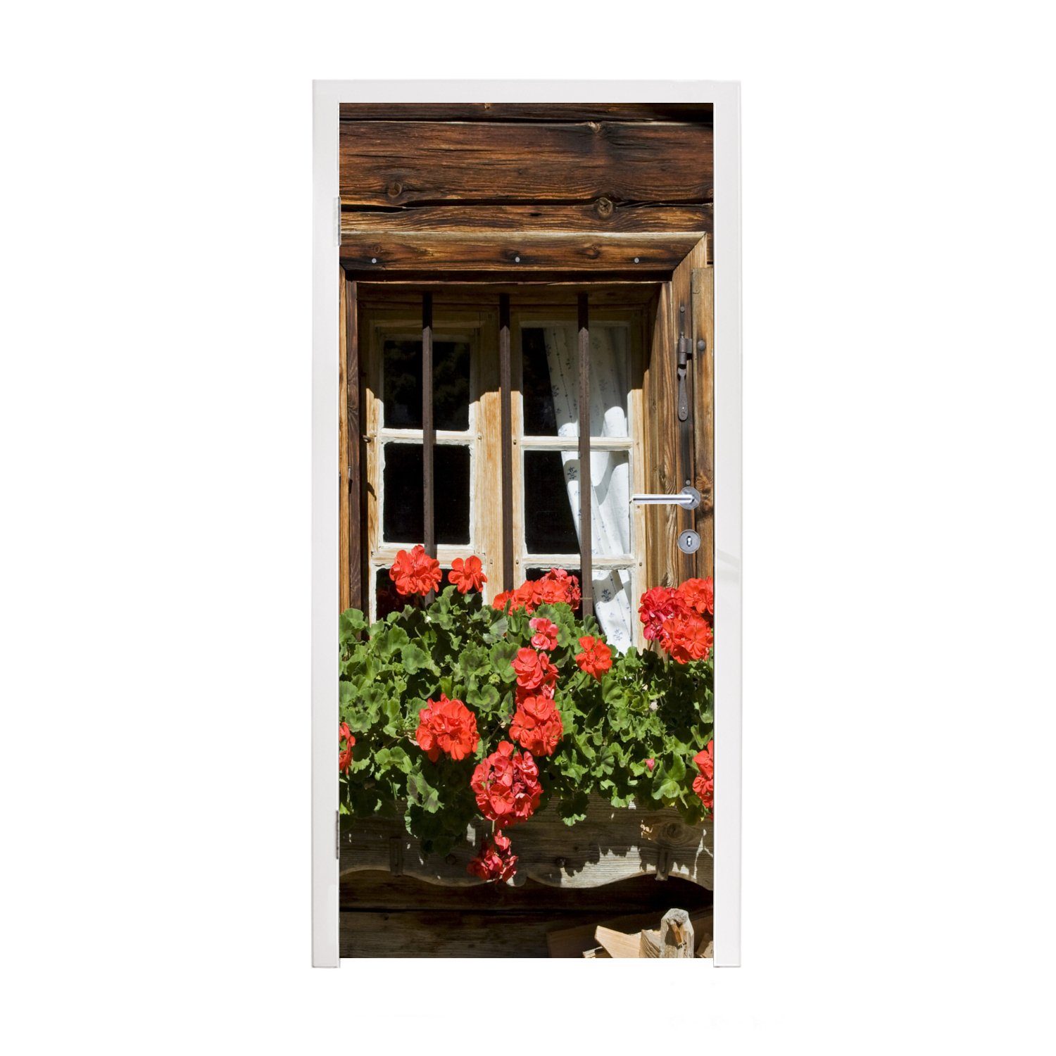 MuchoWow Türtapete Fenster mit blühenden Geranien, Matt, bedruckt, (1 St), Fototapete für Tür, Türaufkleber, 75x205 cm
