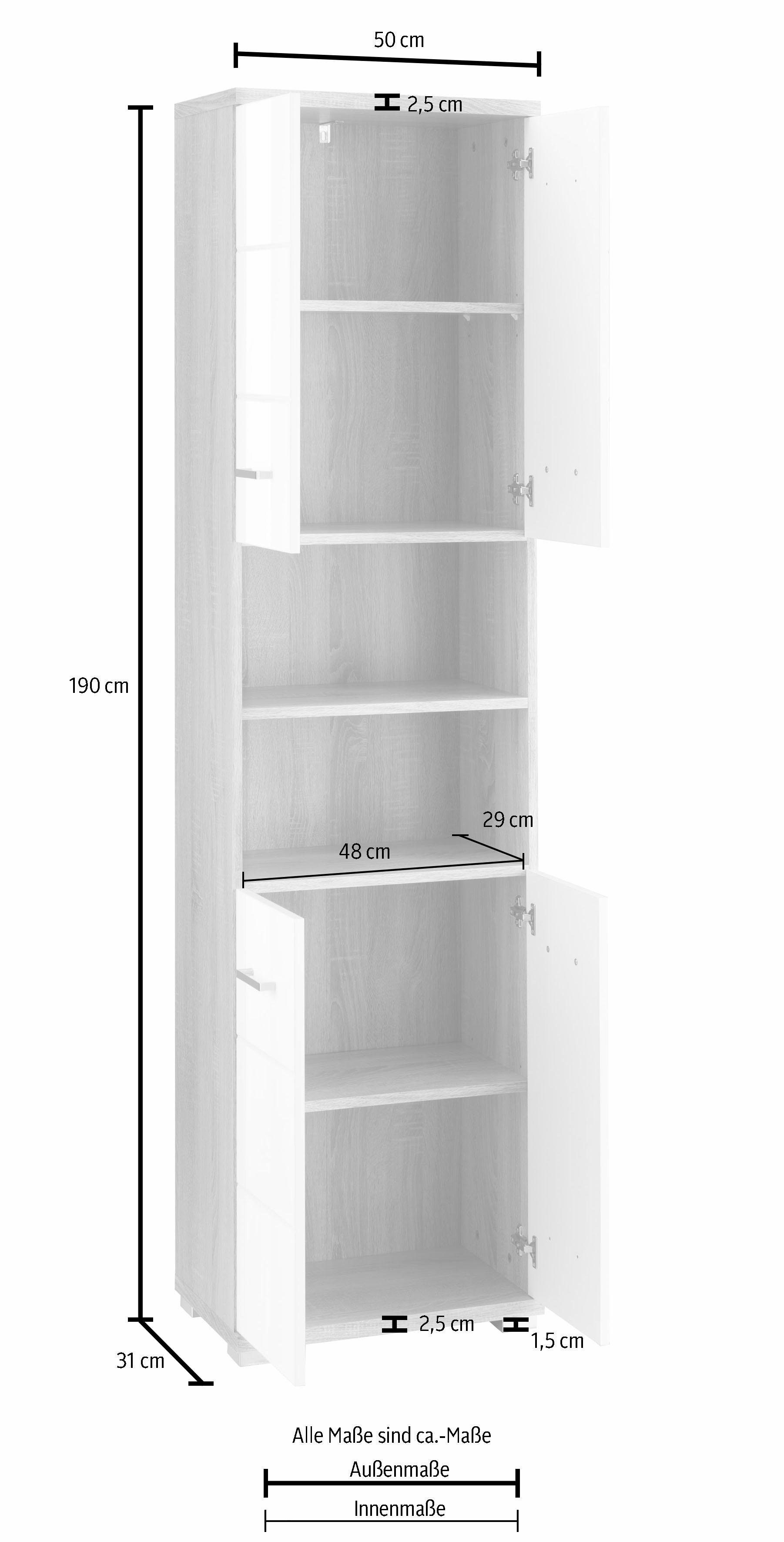 Badezimmerschrank, Hochglanz Breite Homexperts Fächern weiß Hochschrank Stauraum Türen | cm, Nusa und weiß/weiß hinter 50 in