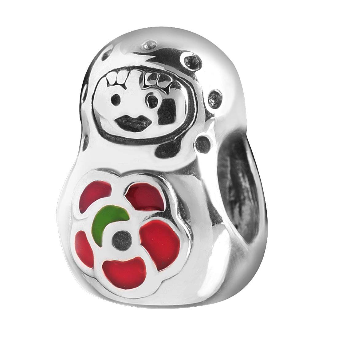 Matroschka 925 1052, Puppe grün Blume Sterling Bead Silber Silber Emaille rot Materia