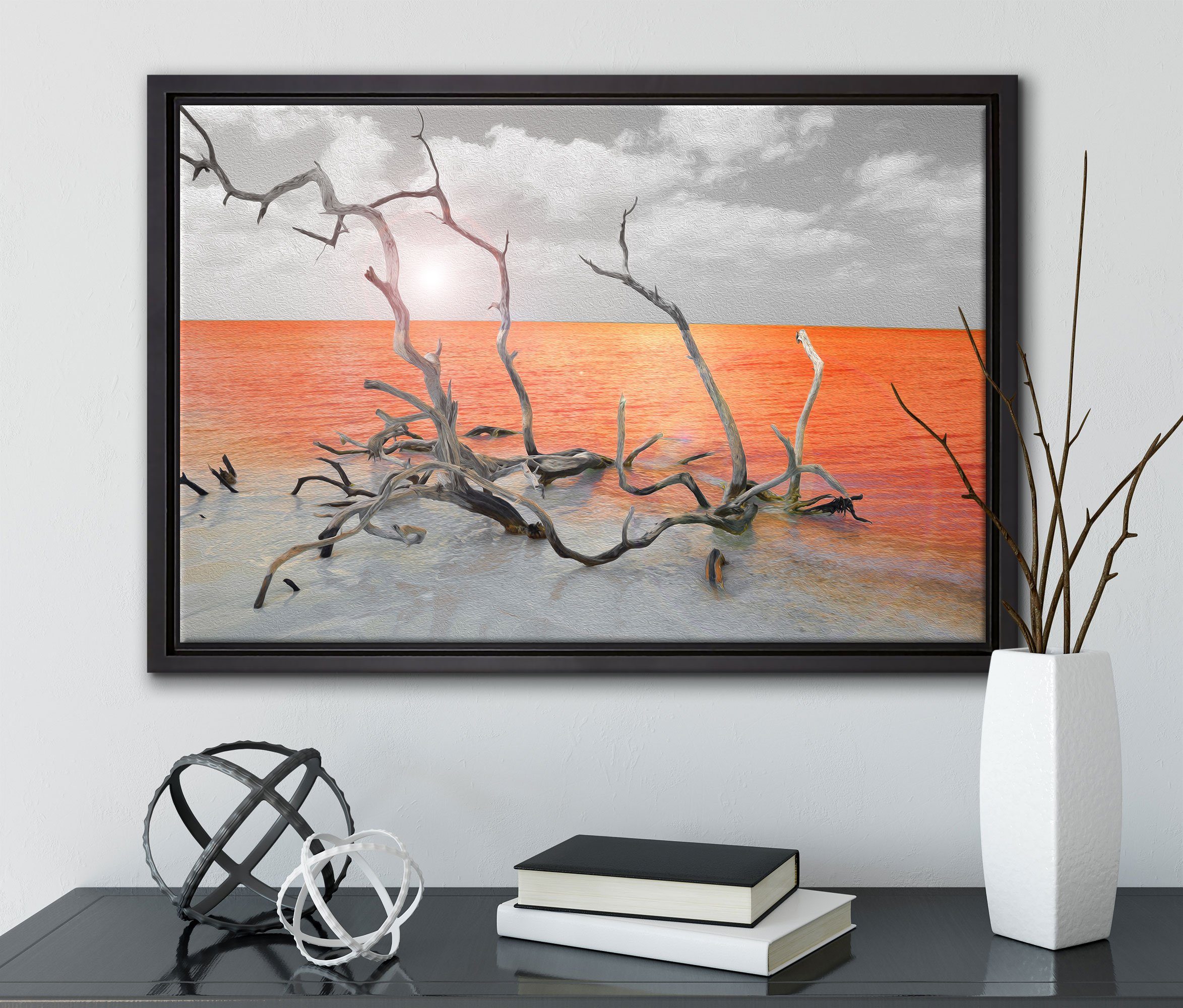 Leinwandbild (1 St), gefasst, Schattenfugen-Bilderrahmen einem inkl. in bespannt, Pixxprint Meer, am Leinwandbild fertig Zackenaufhänger Wanddekoration Treibgut