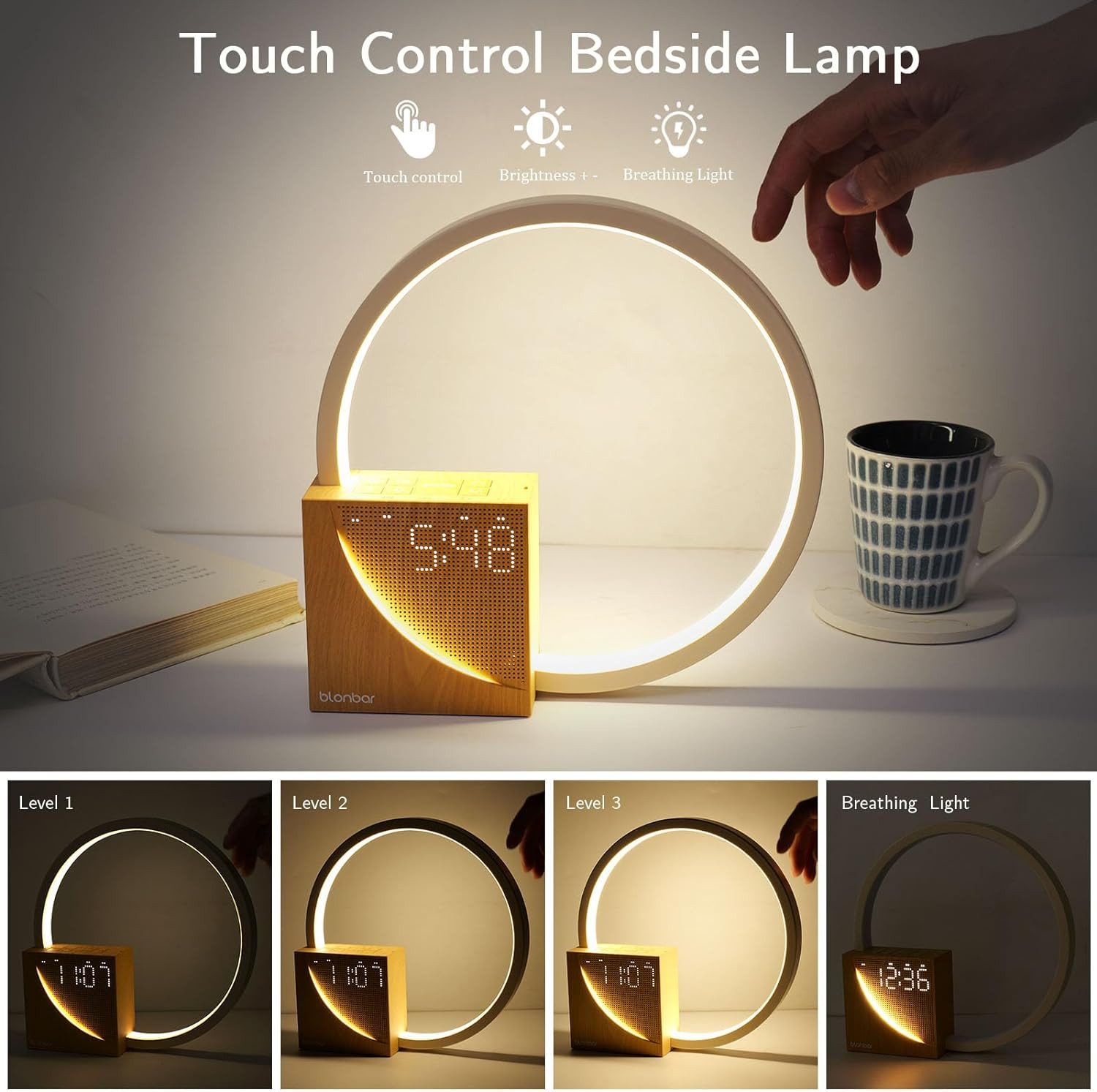 Ophy Nachttischlampe Touch-Dimmbare Nachttischlampe mit USB-Ladefunktion, warmweißes Licht, 3 Stufige Helligkeit Nachtlicht, Tageslichtwecker & 3 Helligkeitsstu – Bild 4 von 5