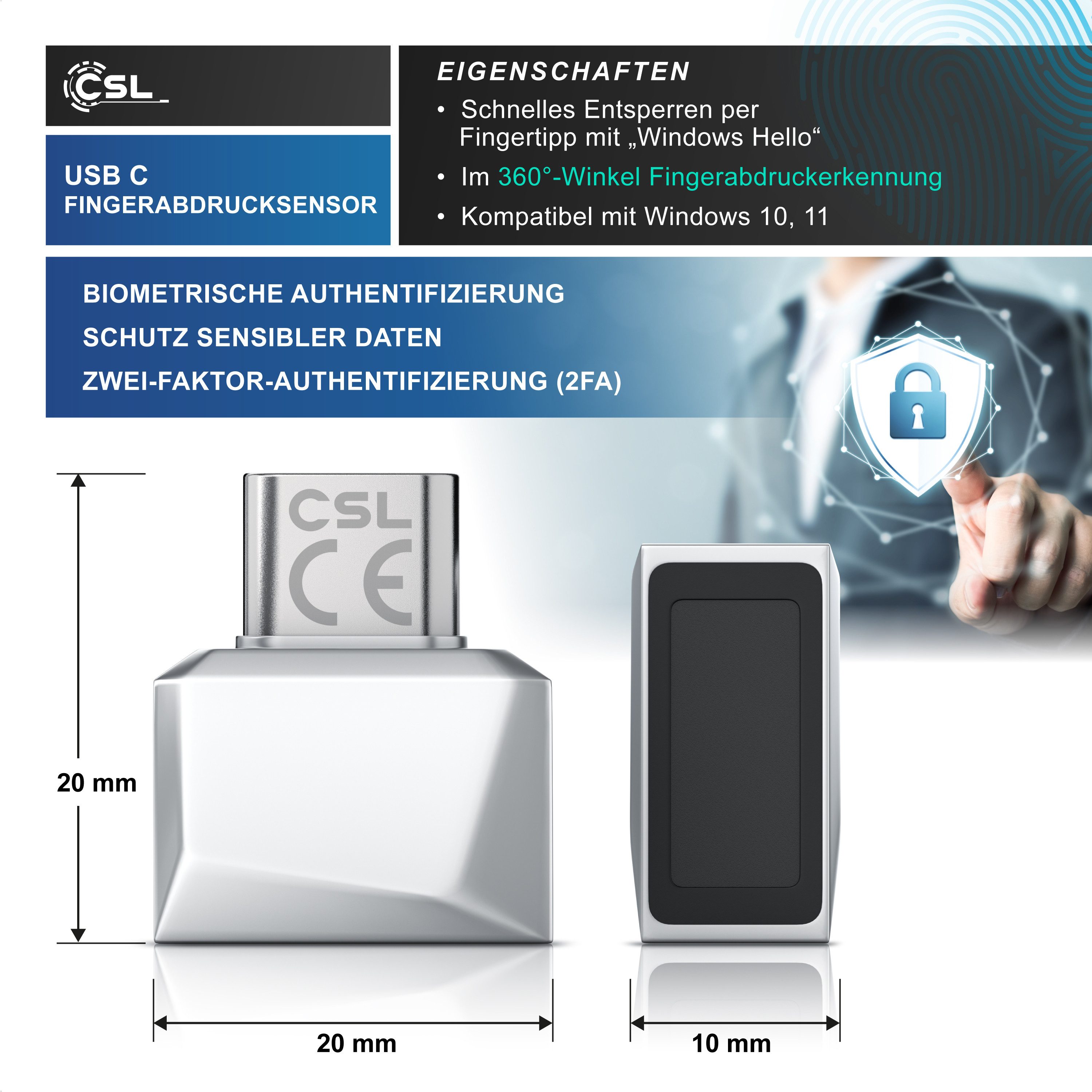 CSL Fingerabdrucksensor Fingerabdruckleser bis zu 10 IDs, biometrische Authentifizierung, (1-St), Windows 11 Hello Anmeldung, Plug & Play, 360° Rundumerkennung, USB-C