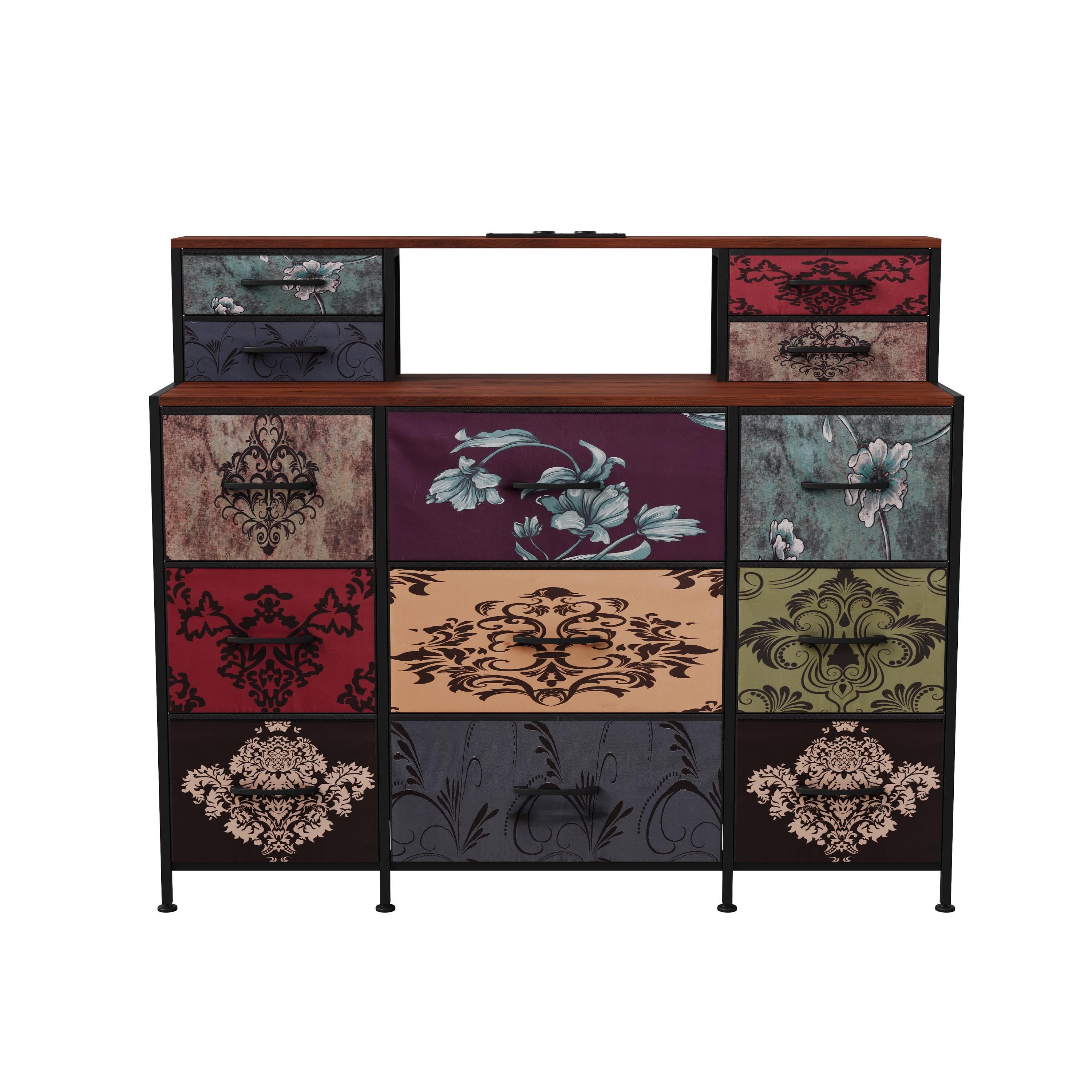 FUROKOY Kommode Vintage Stoffkommode Sideboard mit klappbaren Stoffschubladen (Schminktisch mit Stoffchubladen, Retro-schubladenschrank für Arbeitszimmer Flur Wohnzimmer Schlafzimmer), 13 Stoffschubladen