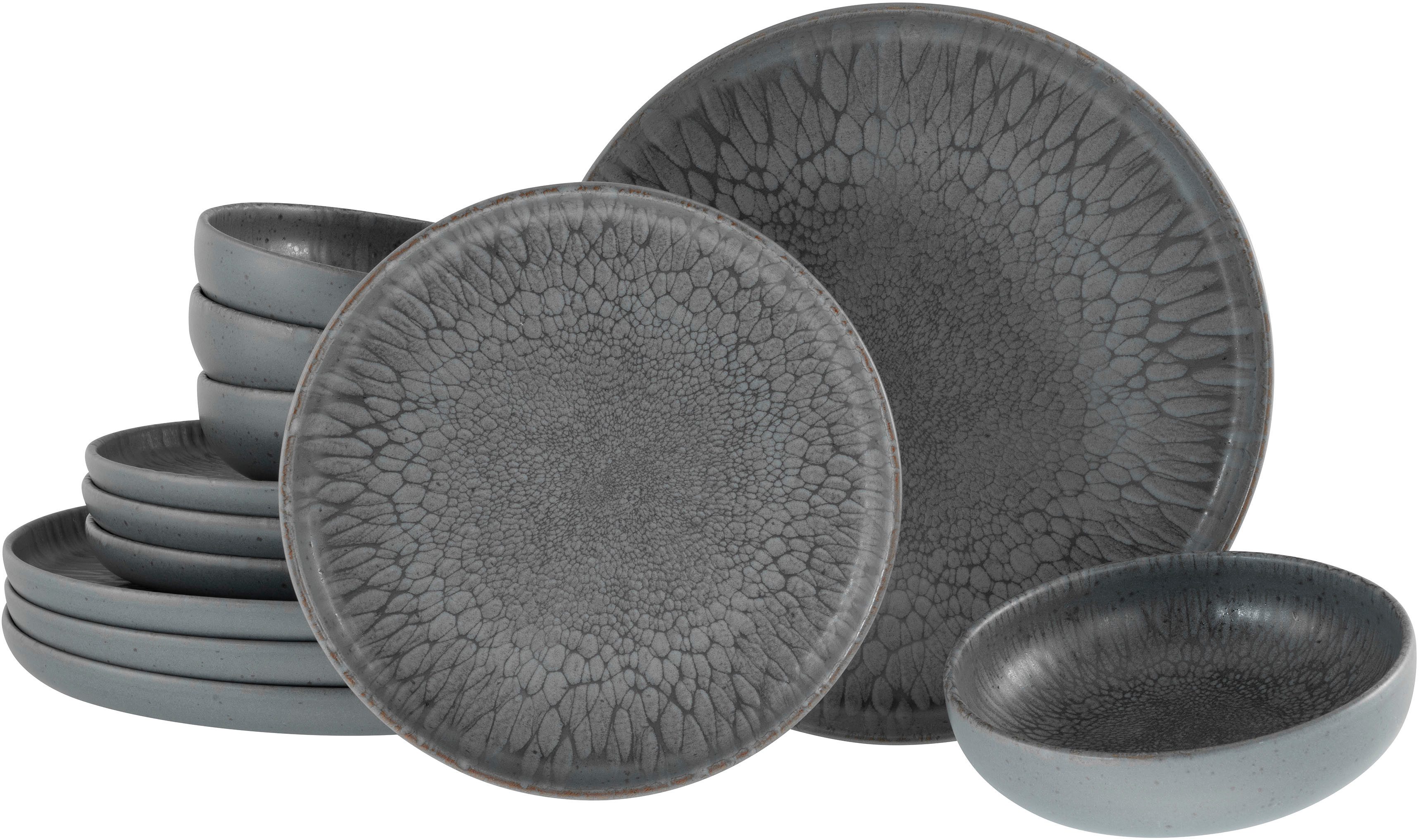 CreaTable Teller-Set Uno Volcano, Teller Set 12-tlg (12-tlg), 4 Personen, Steinzeug, Reaktivglasur, Vintage Style