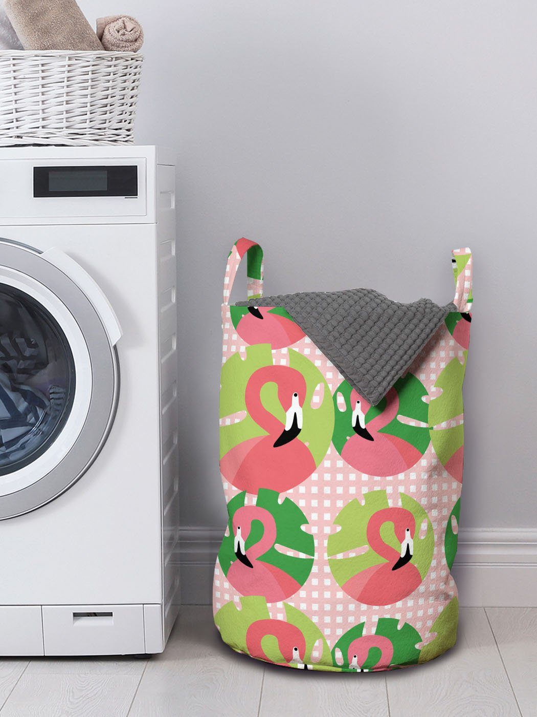 Griffen für Wäschesäckchen Exotisch Waschsalons, Kordelzugverschluss mit Flamingo in Childish Abakuhaus Wäschekorb Entwurf