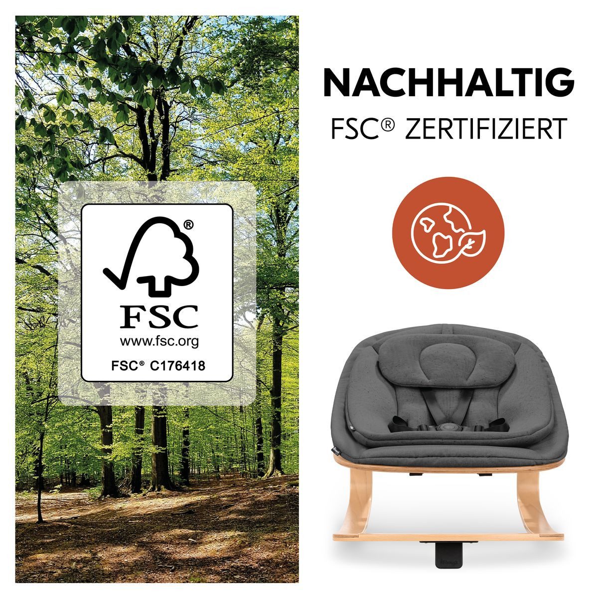 Hauck Hochstuhl Alpha Plus Newborn Set - Eco - Grey, Holz Babyhochstuhl ab Geburt inkl. Neugeborenenaufsatz & Baby Seat