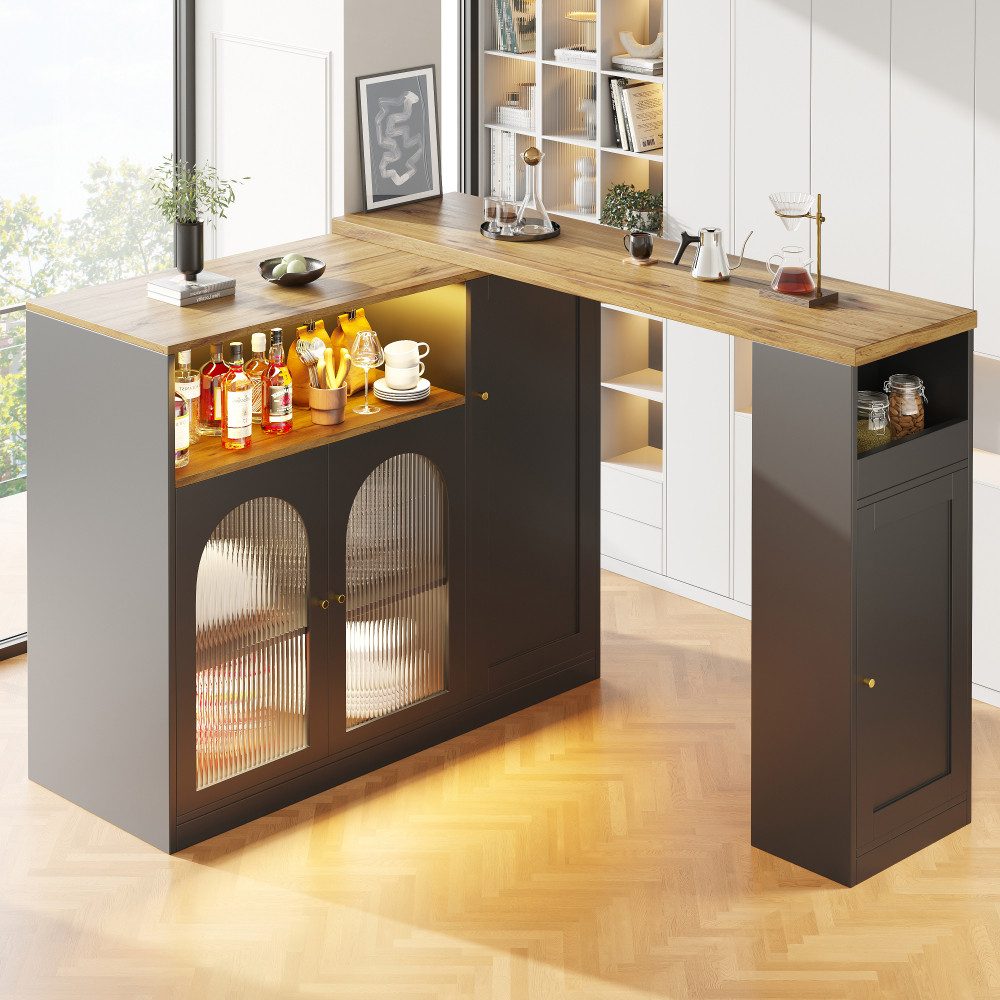 BBWL Barschrank Um 360° drehbarer Bartisch mit LED, Glastür und Holzmaserung (multifunktionaler Sideboard-, Weinschrank- und Kaffeeecken-Tisch)