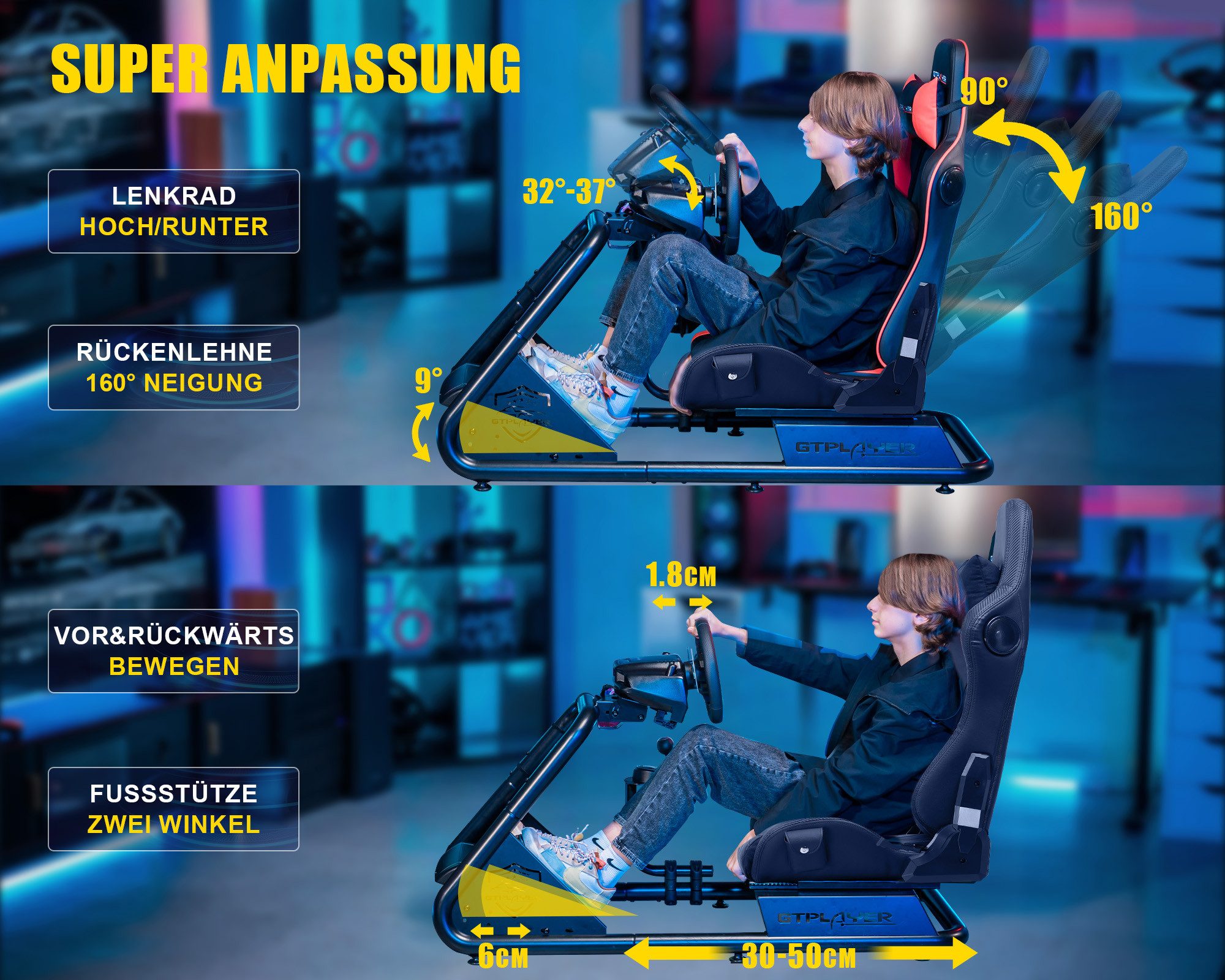 GTPLAYER Simulator Cockpit, sim racing cockpit racing wheel stand Controller (mit Bluetooth-Lautsprecher und Pedalablage)