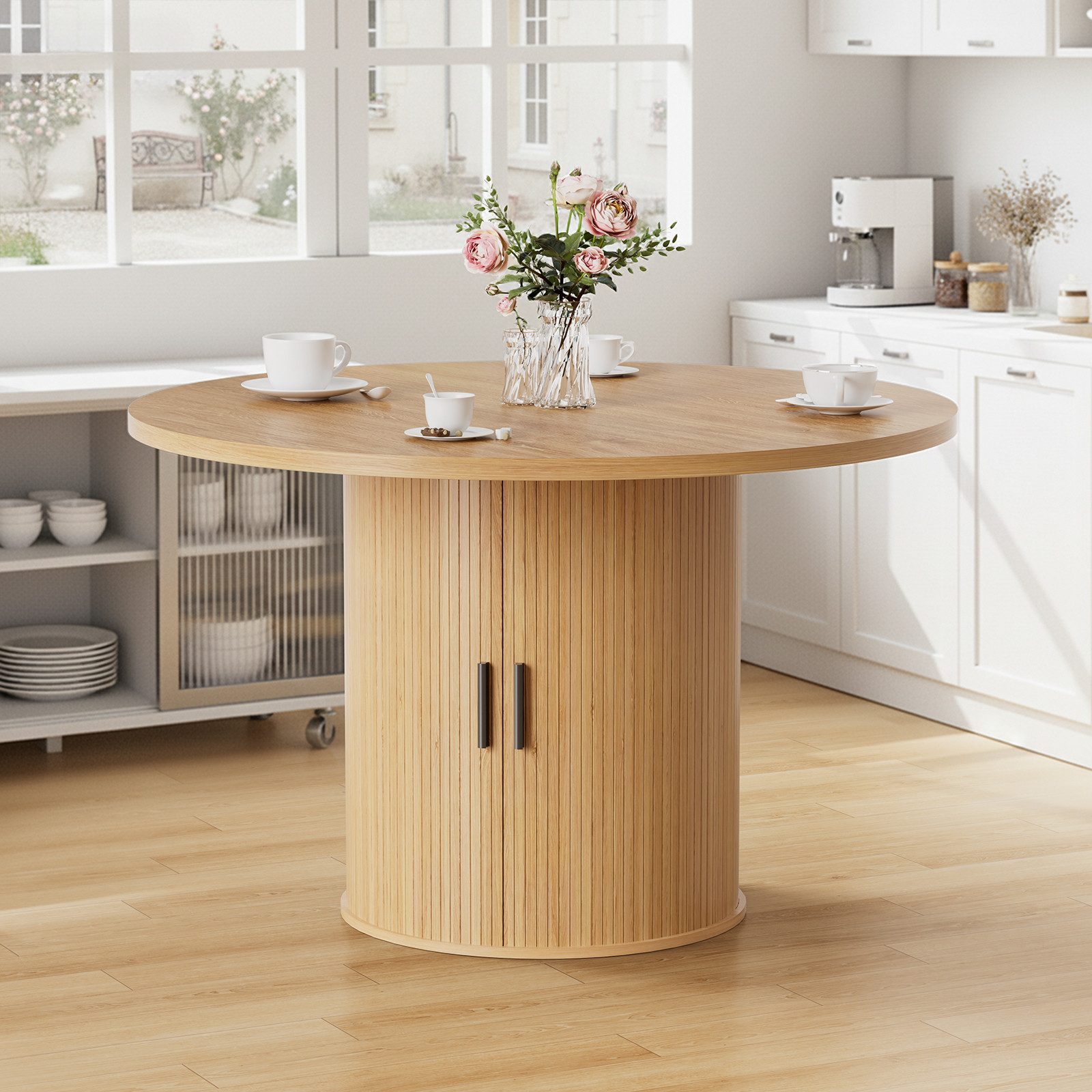 MECO Esstisch Küchentisch Esstisch Runder Ø120cm mit Schiebetüren und Stauraum (für 4 Personen), Bis 150kg, Stabil Esszimmertisch Holz für Esszimmer Wohnzimmer